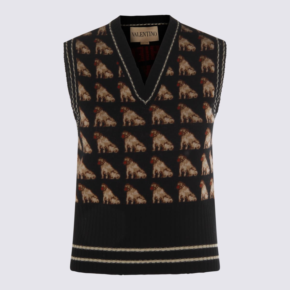 Valentino Sleeveless V Neck Dog Pattern Knitwear In Black