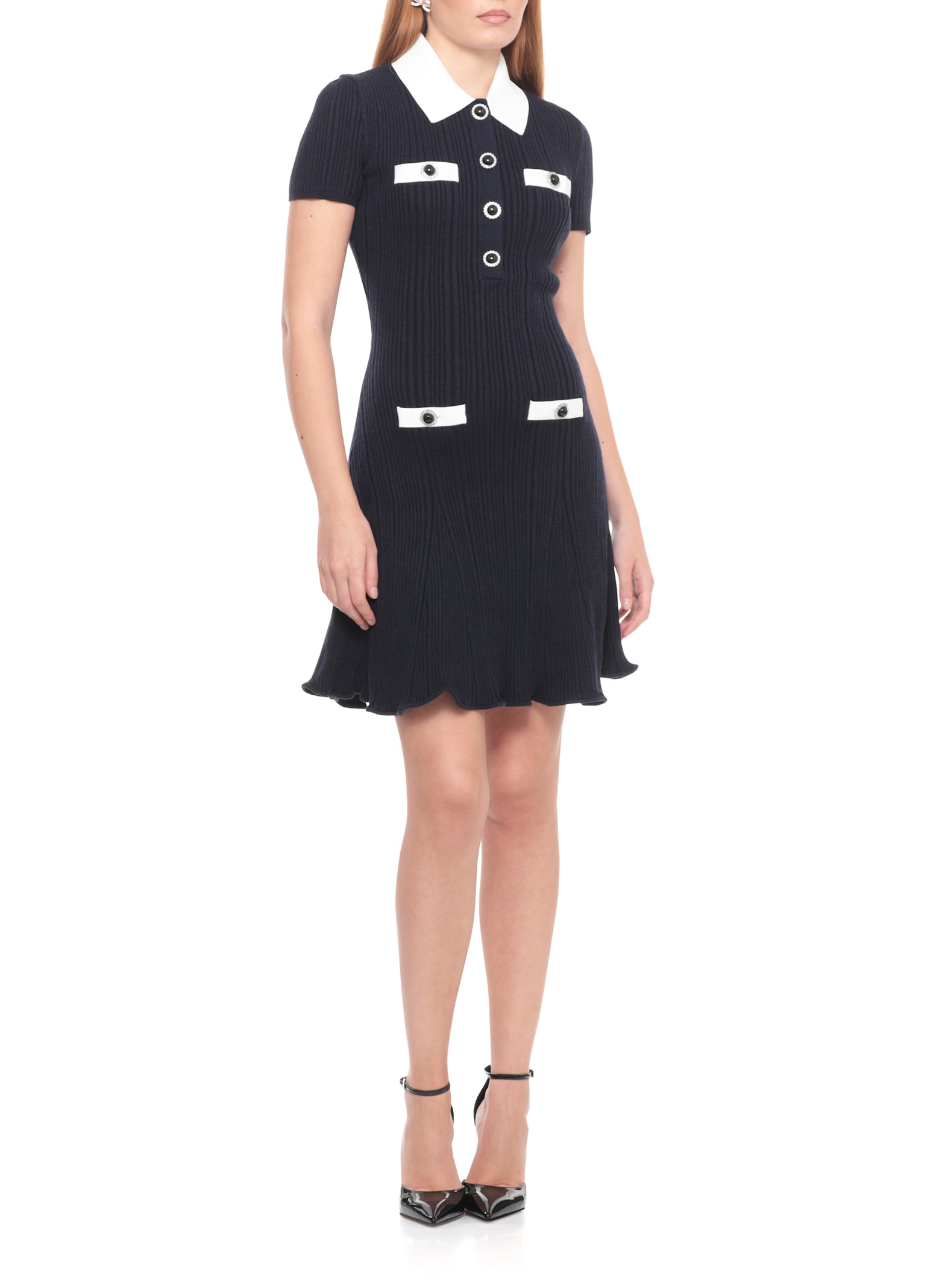 Self-portrait Flared Hem Dress Ribbed Texture In Blue