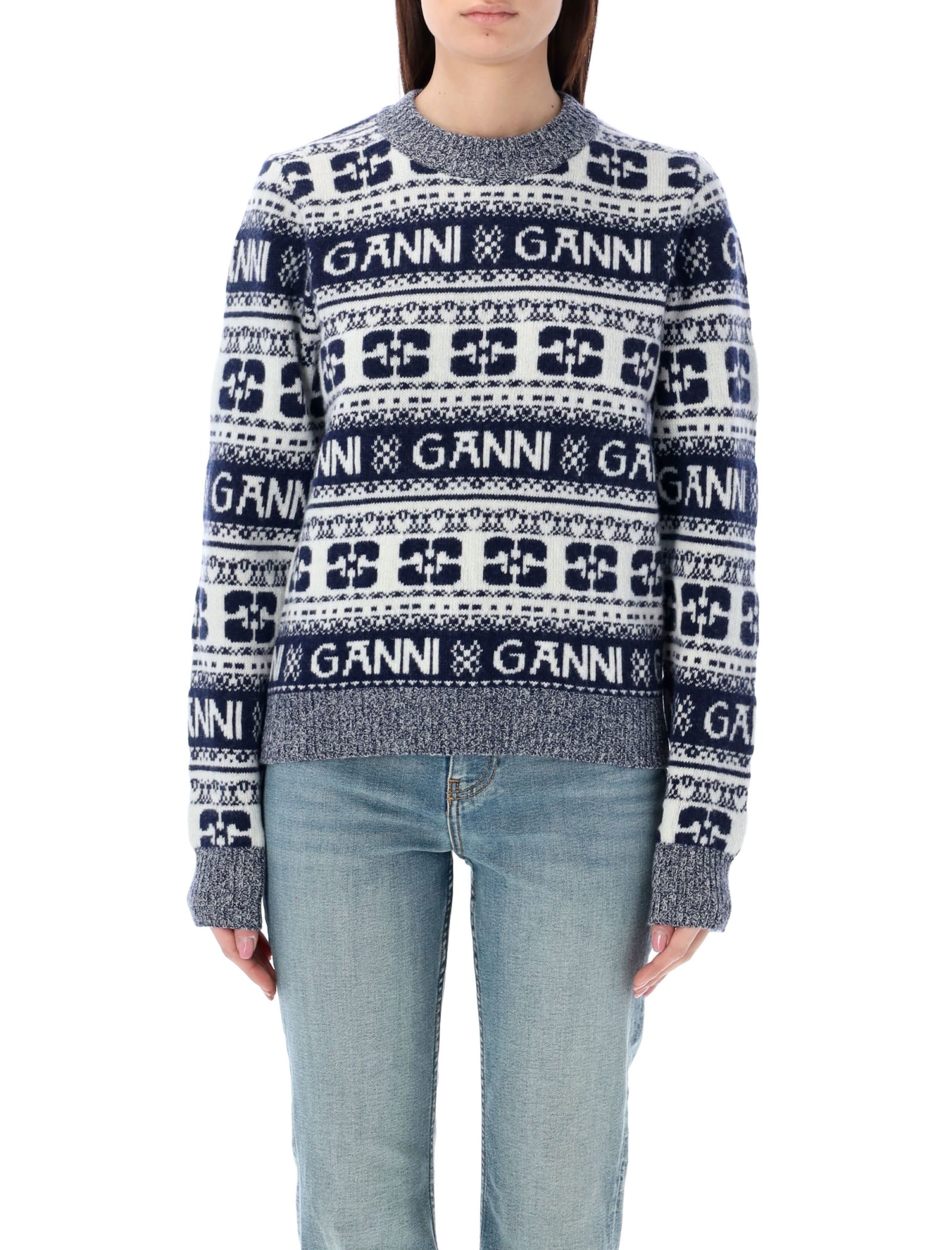 Shop Ganni Allover Logo Sweater In Sky Caapitan Grey