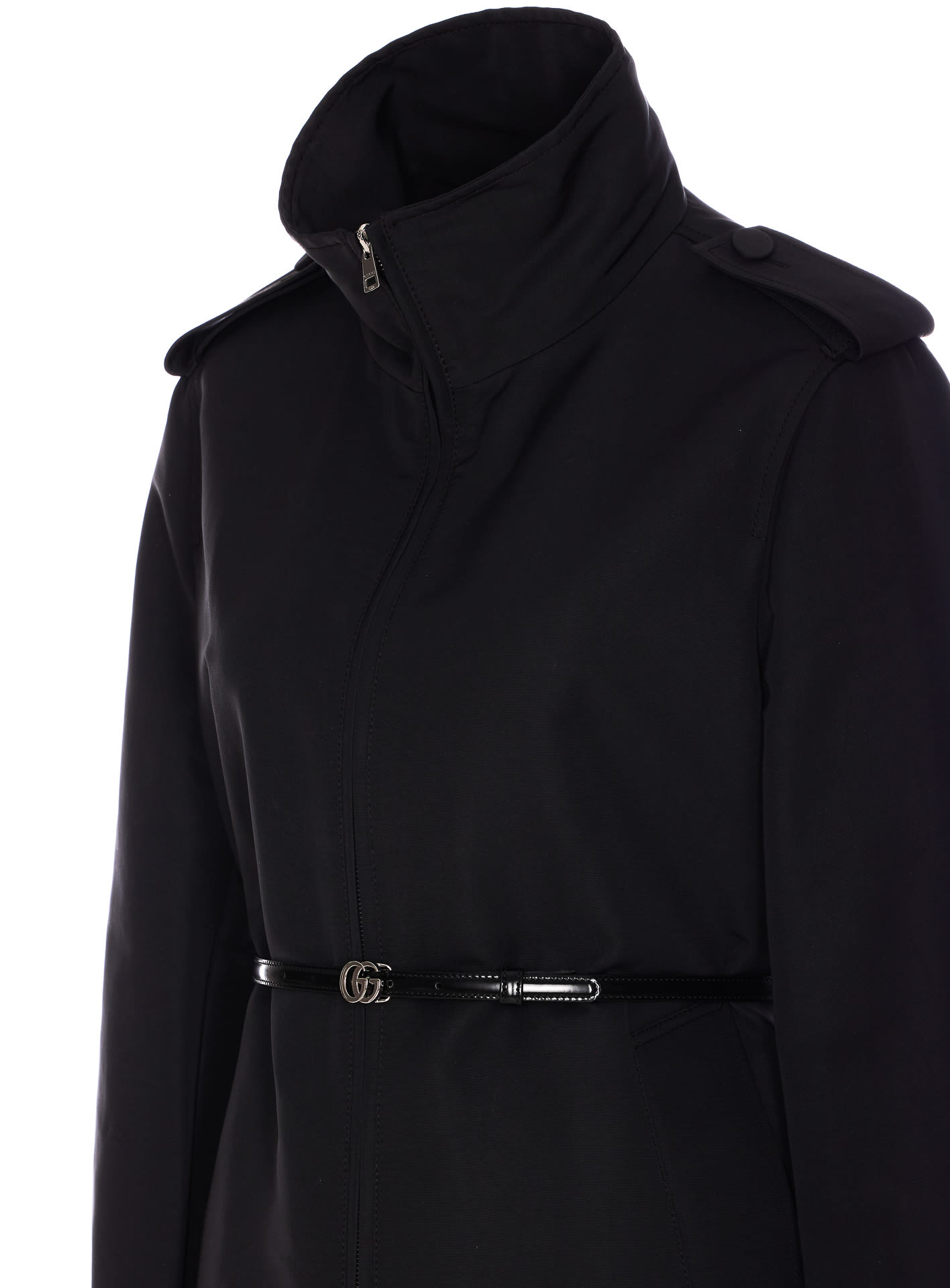Gucci Belted Waist Nylon Faille Coat With Epaulettes In Black