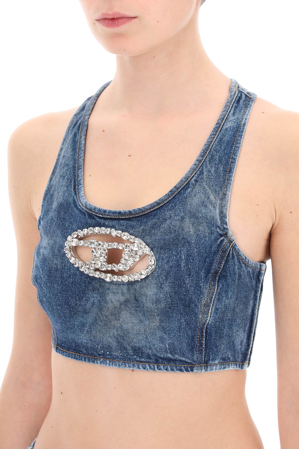 Diesel Denim Crop Top With Jewel Buckle In Denim