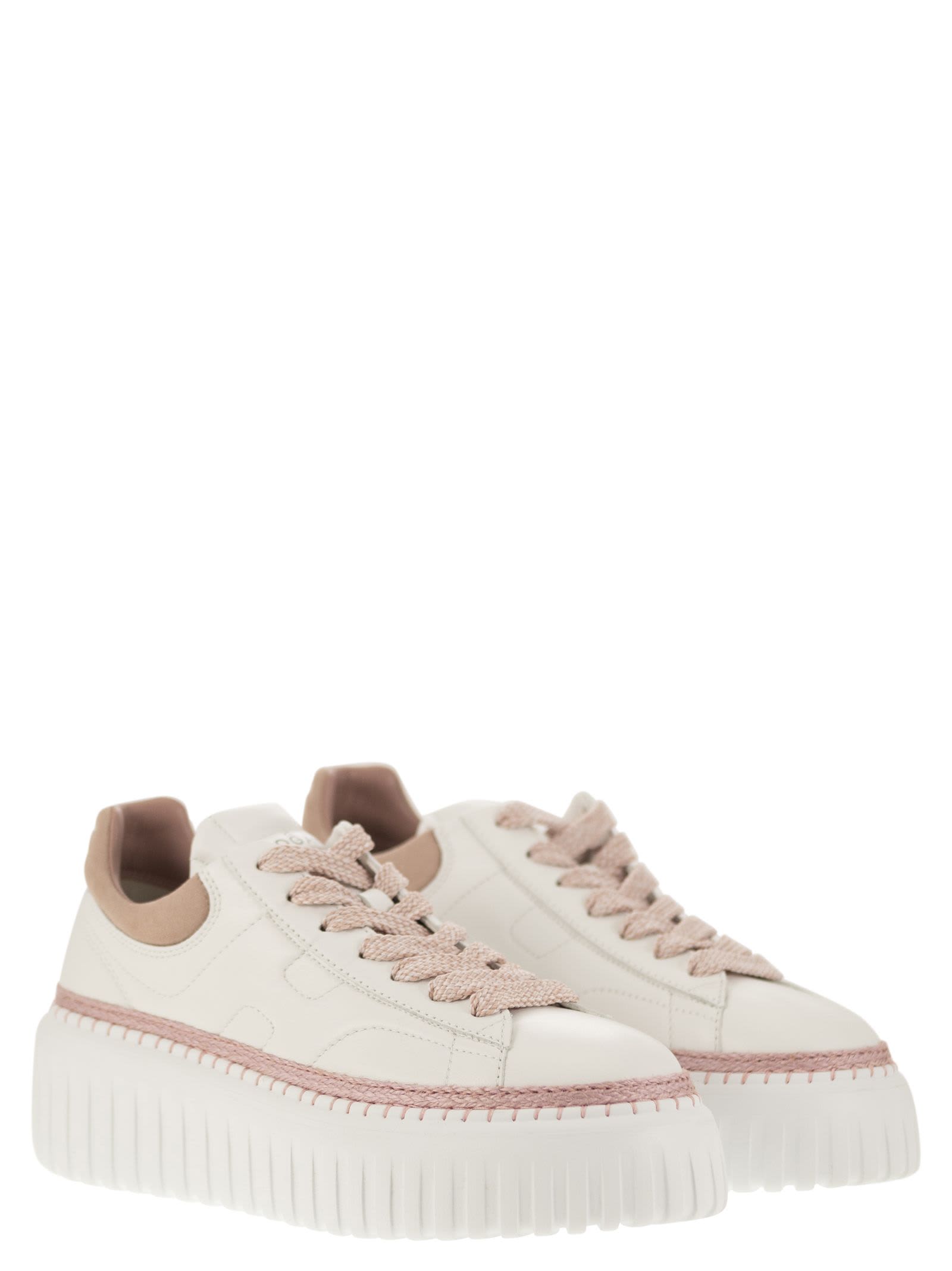 Hogan Leather H-stripes Platform Sneakers In White/pink