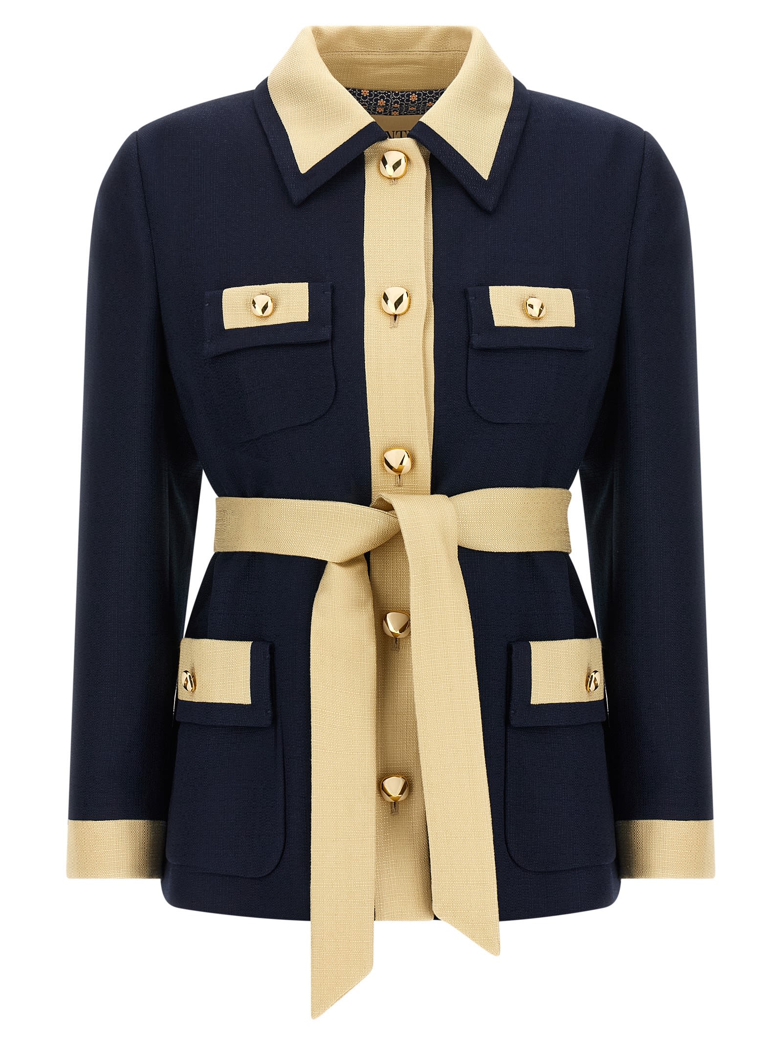 Valentino Collared Single-breasted Coat Jacket With Belted Waist In Blue