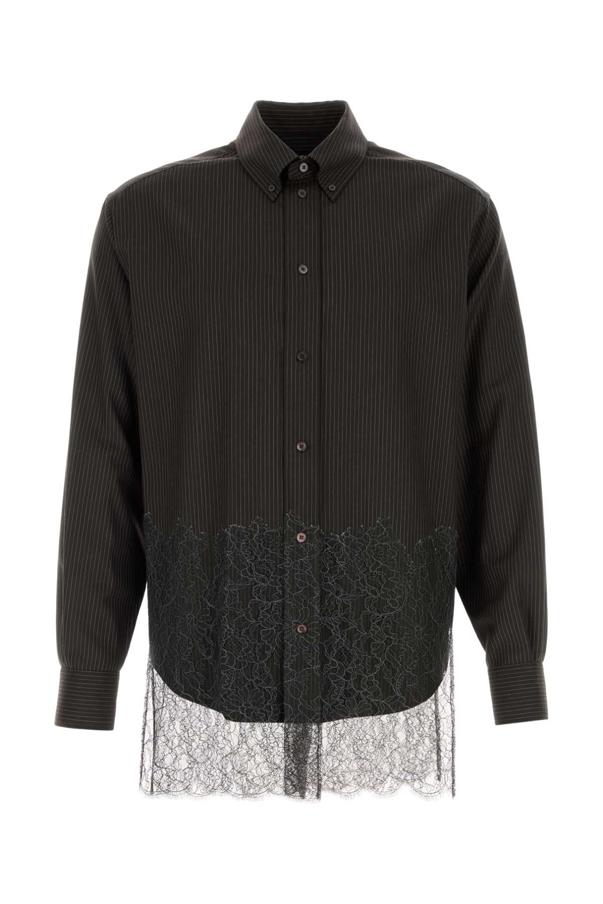 Fendi Wool Shirt With Lace Hem And Long Sleeves In Brown