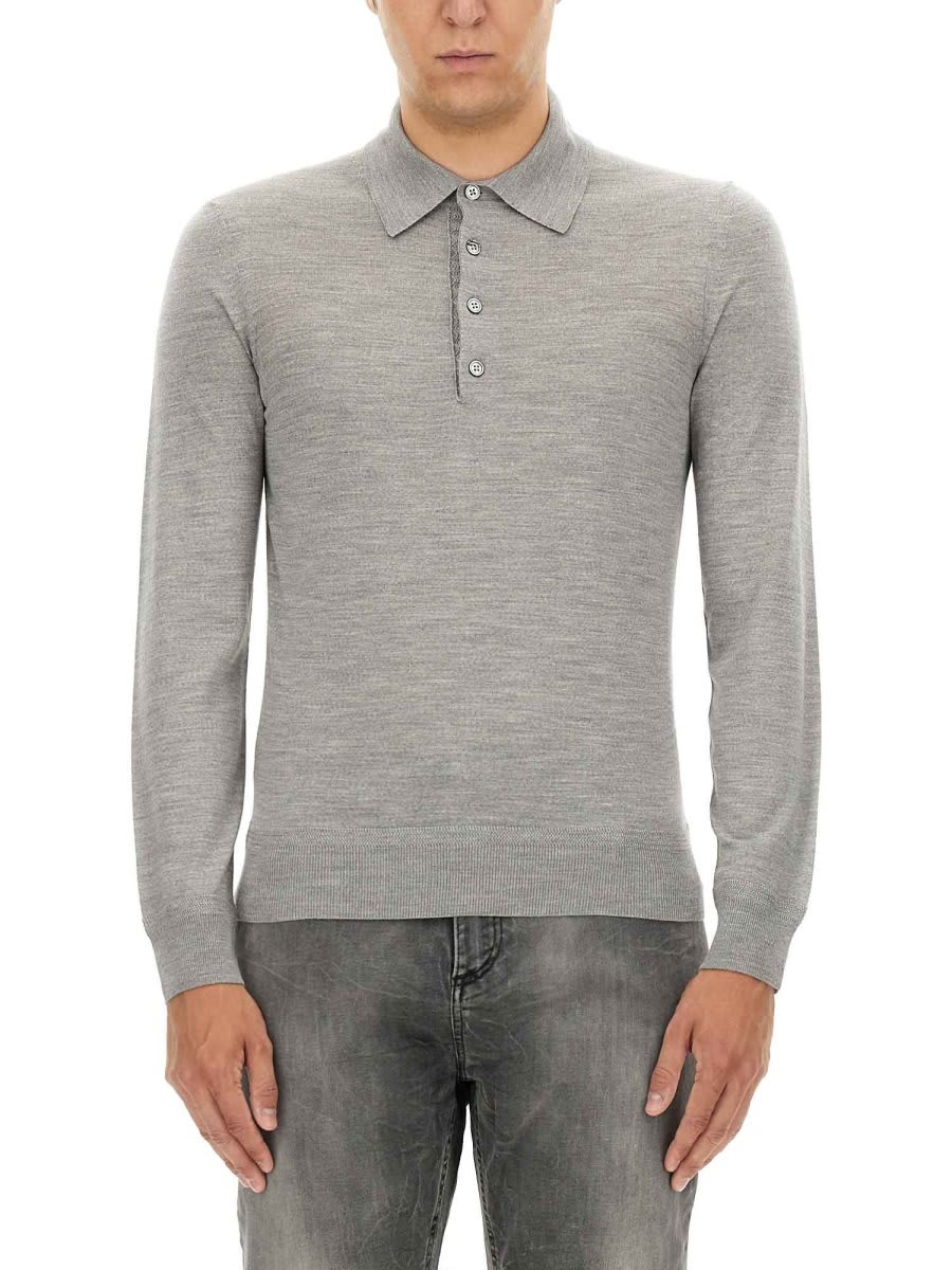 Shop Tom Ford Long-sleeved Knitted Polo Shirt In Grey