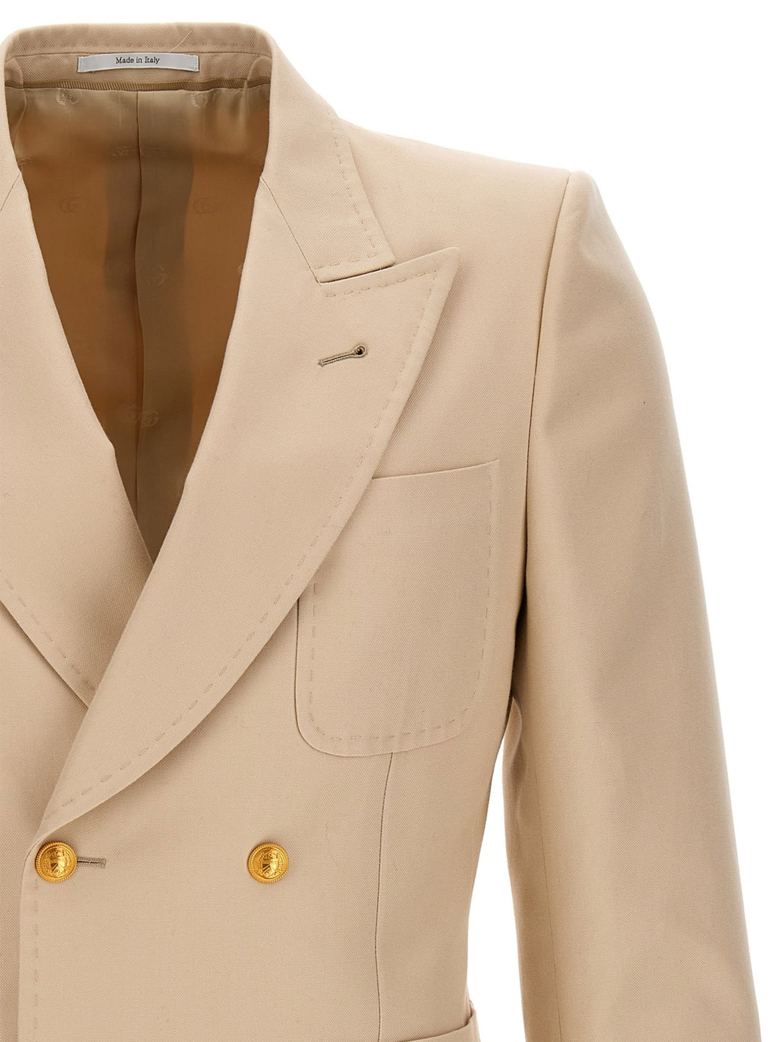 Shop Gucci Cotton Double Breast Blazer Jacket In Beige