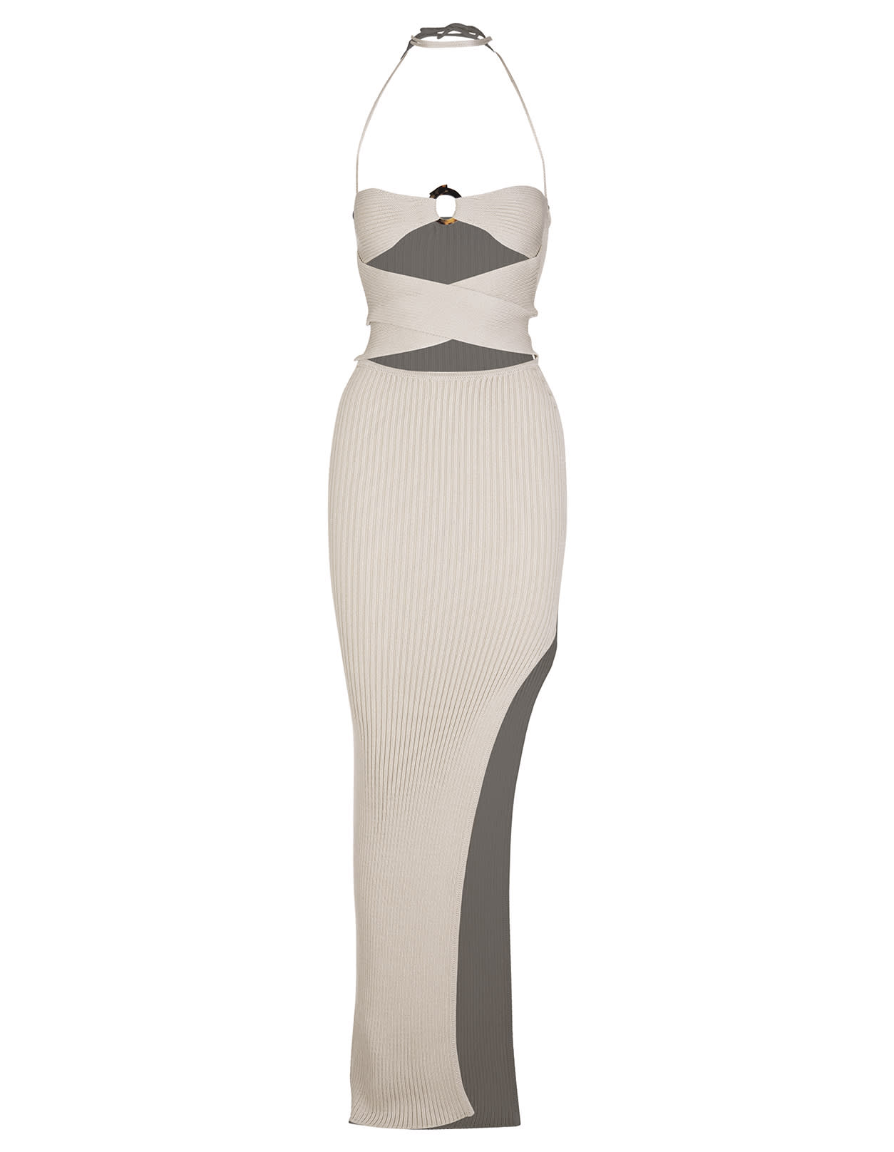 Giuseppe di Morabito Long Light Beige Knit Dress With Slit And Crisscross Design