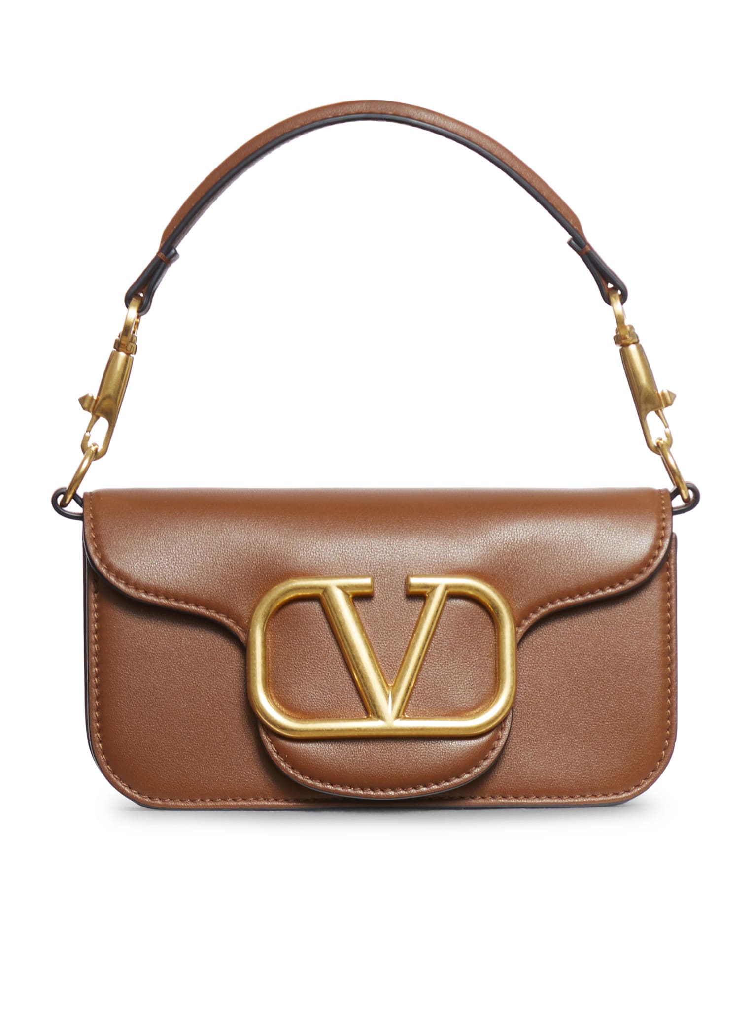 Valentino Garavani Small Shoulder Bag Loco` Vitello/antique Brass Logo In Brown