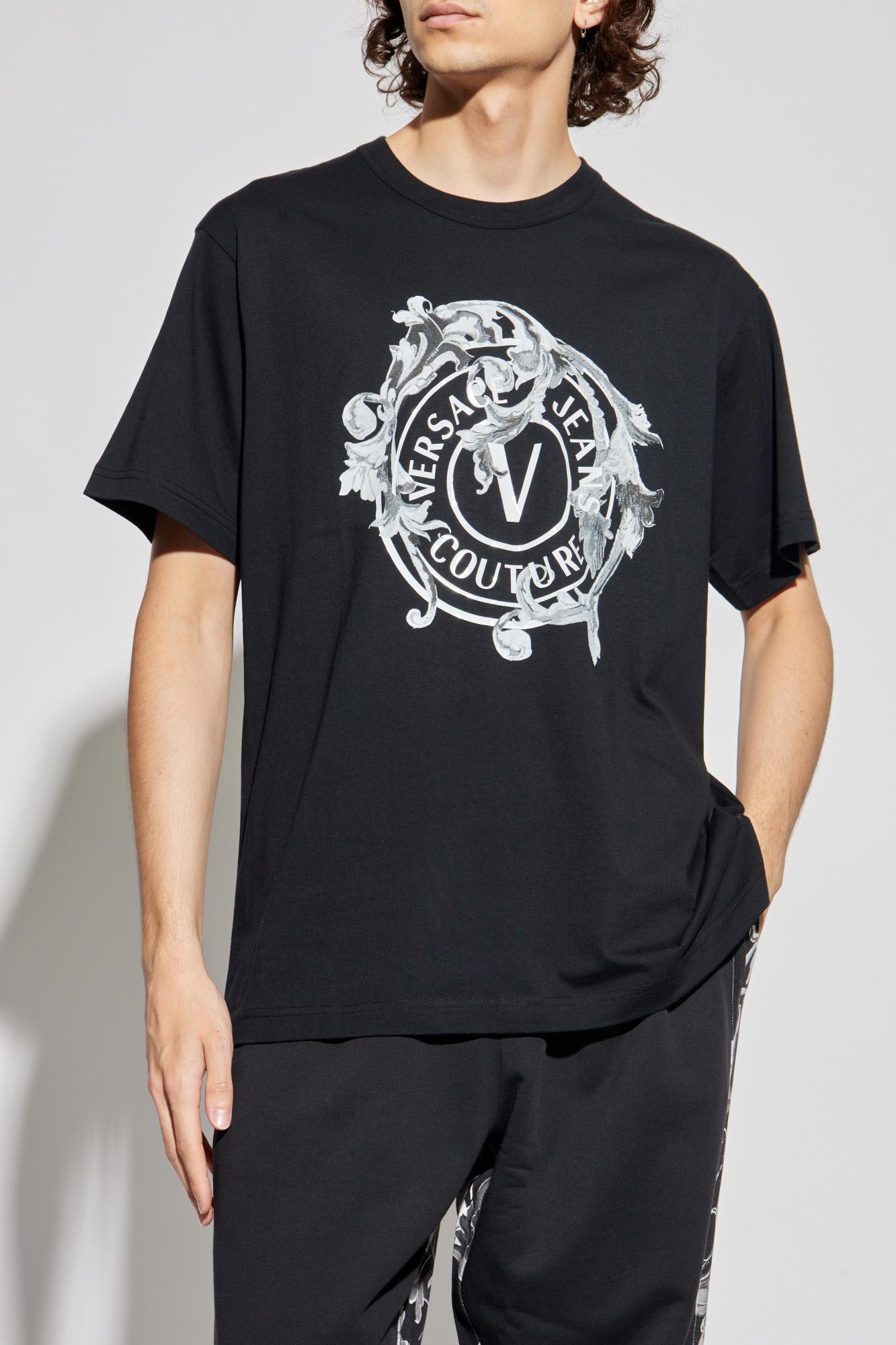 Versace Jeans Couture Short-sleeve Cotton T-shirt With Ornamental Logo Detail In Black