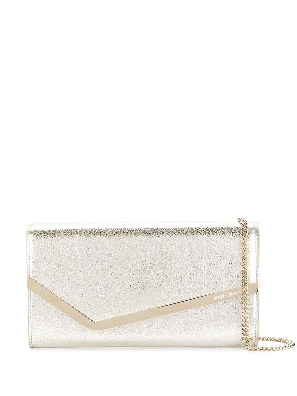 JIMMY CHOO EMMIE CLUTCH BAG IN CHAMPAGNE LEATHER WITH GLITTER