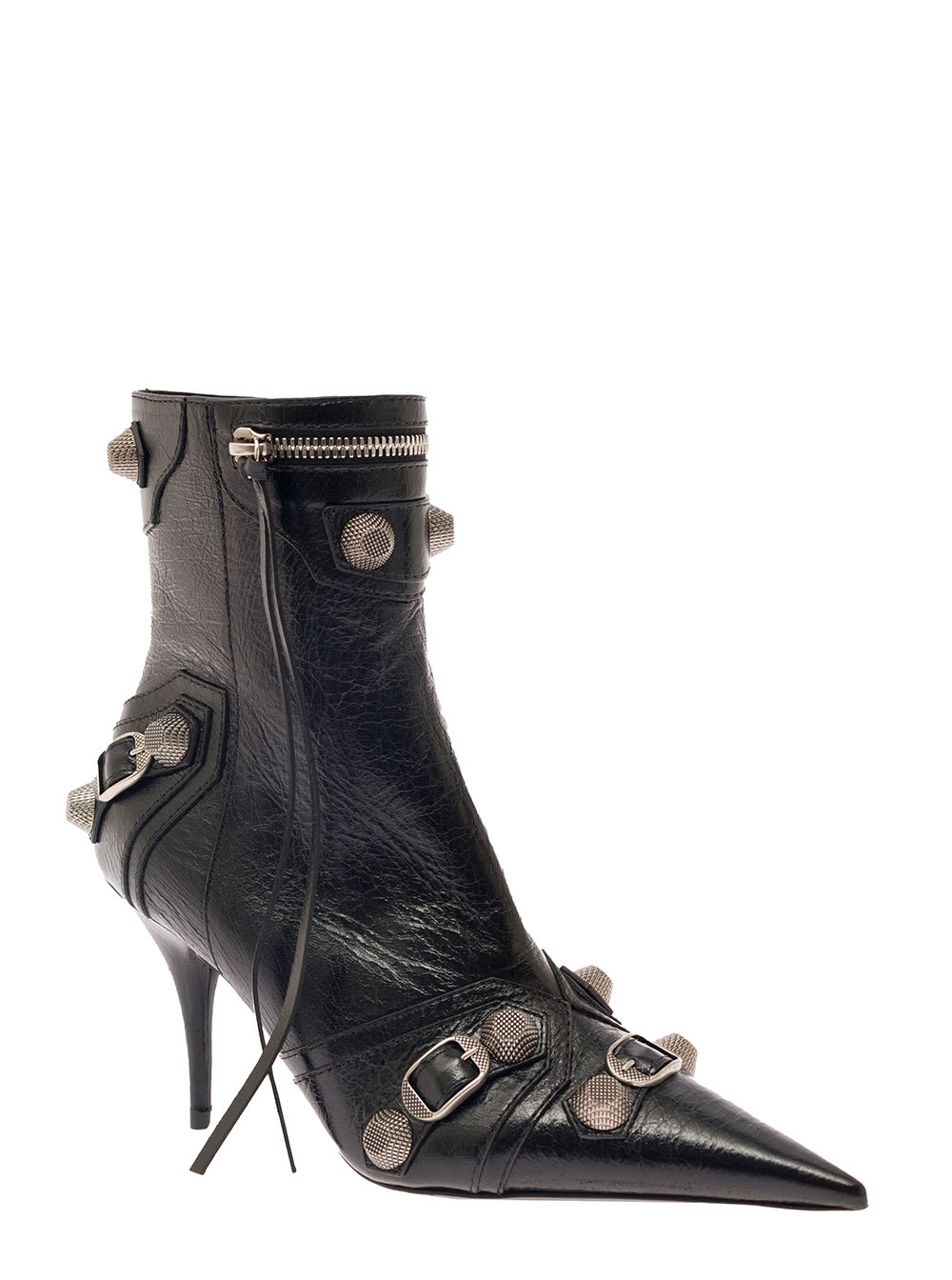 Shop Balenciaga Cagole Black Pointed Bootie With Studs And Buckles In Leather Woman