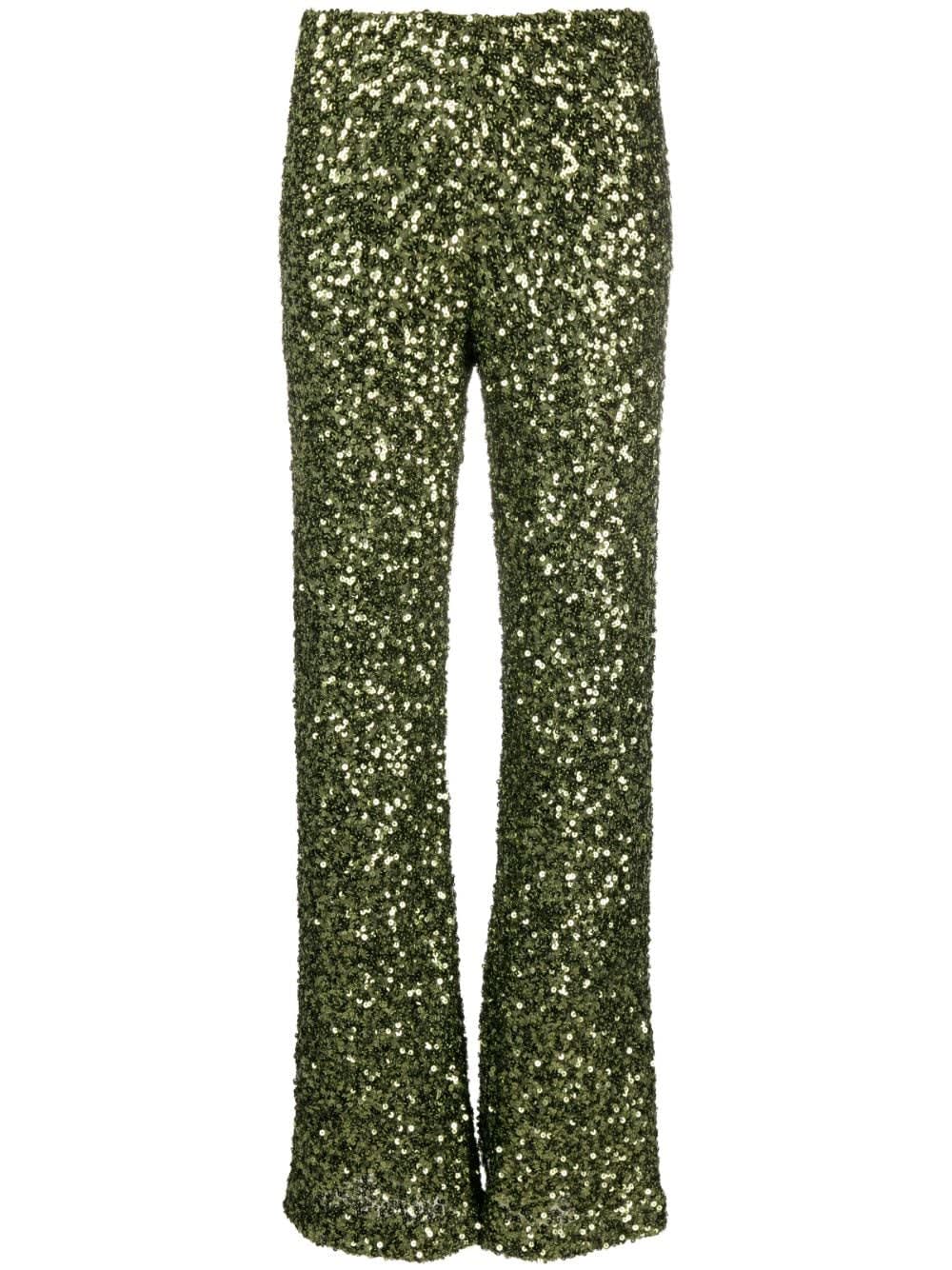 Shop P.a.r.o.s.h Wide Leg Trousers With Paillettes In Olive Green