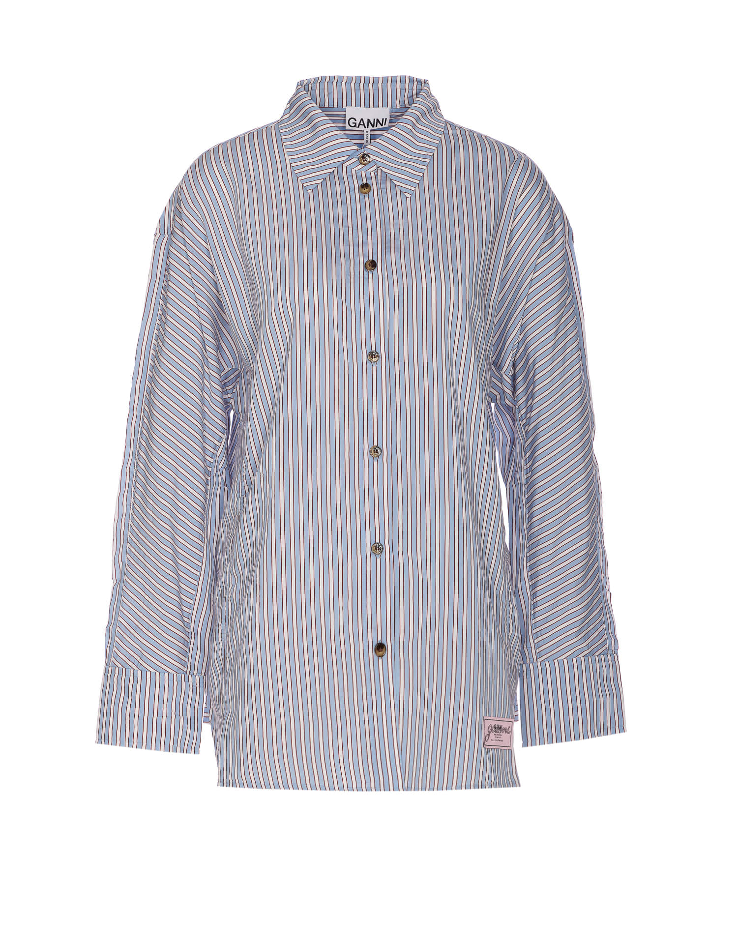 Ganni Multicolor Shirt With All-over Stripes And Logo Patch On The Front In Viscose Blend Woman