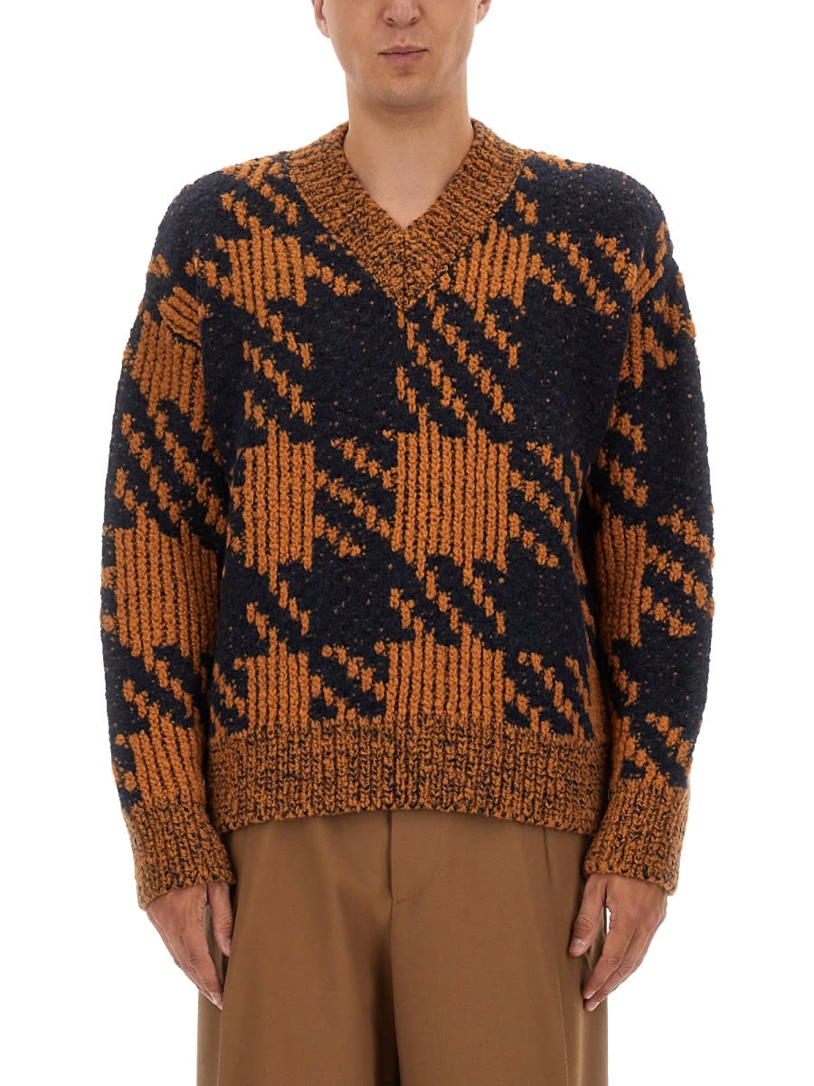 Dries Van Noten Textured Knit V-neck Long Sleeve Sweater In Brown