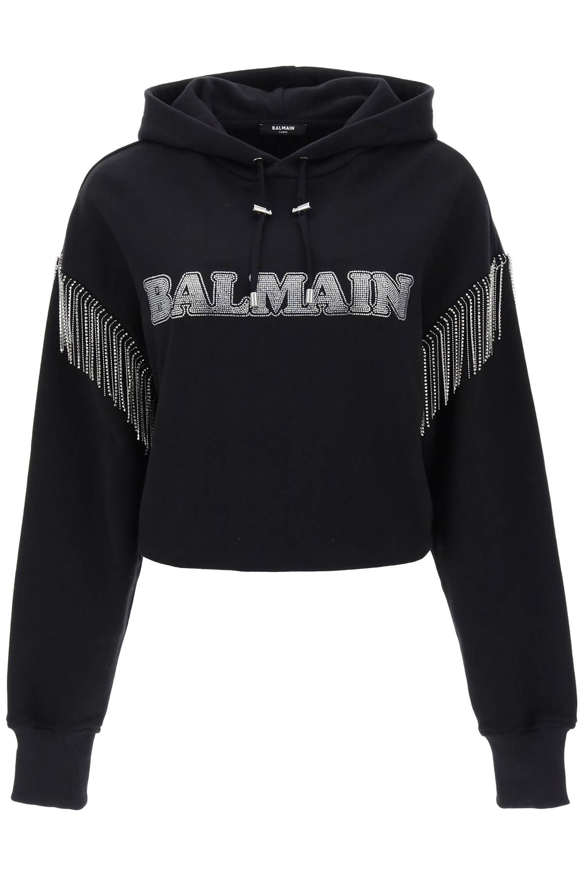 BALMAIN CROPPED HOODIE WITH RHINESTONE-STUDDED LOGO AND CRYSTAL CUPCHAINS