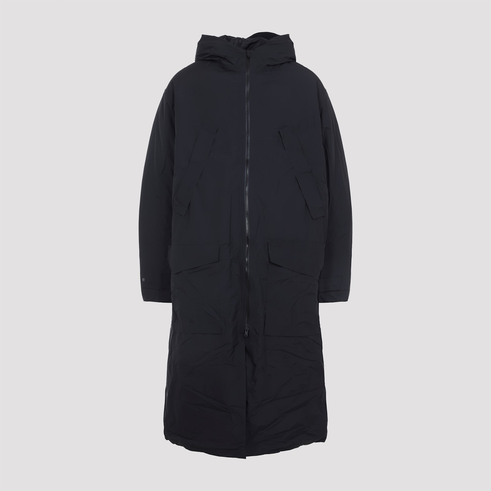 Y-3 Minimalist Black Long Coat With Flap Pockets And Hood In Black