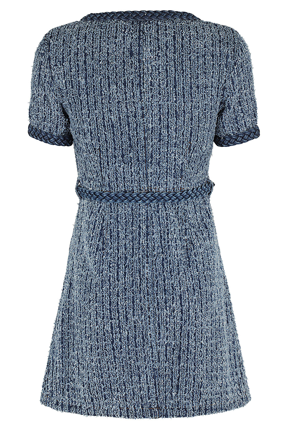Shop Self-portrait Textured Denim Short Sleeve Mini Dress In Blue