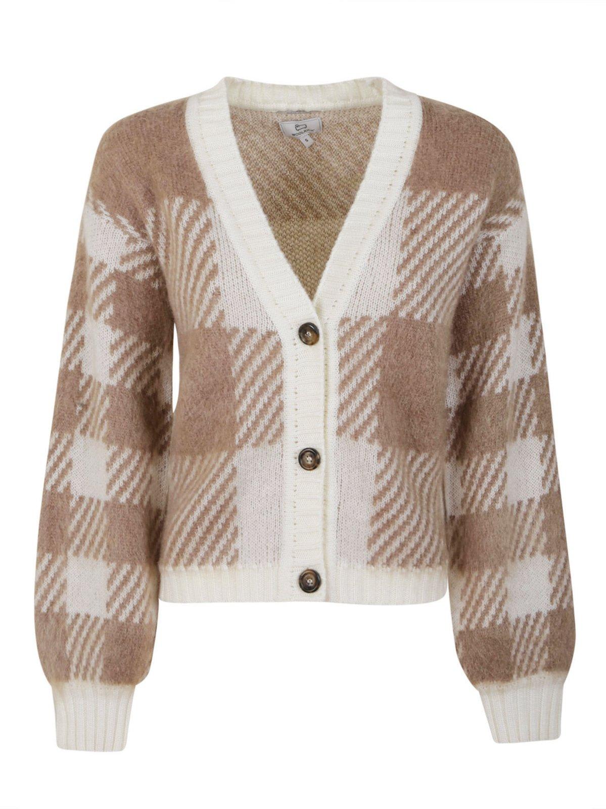 Woolrich Cardigan With Check Pattern In Cream Buffalo