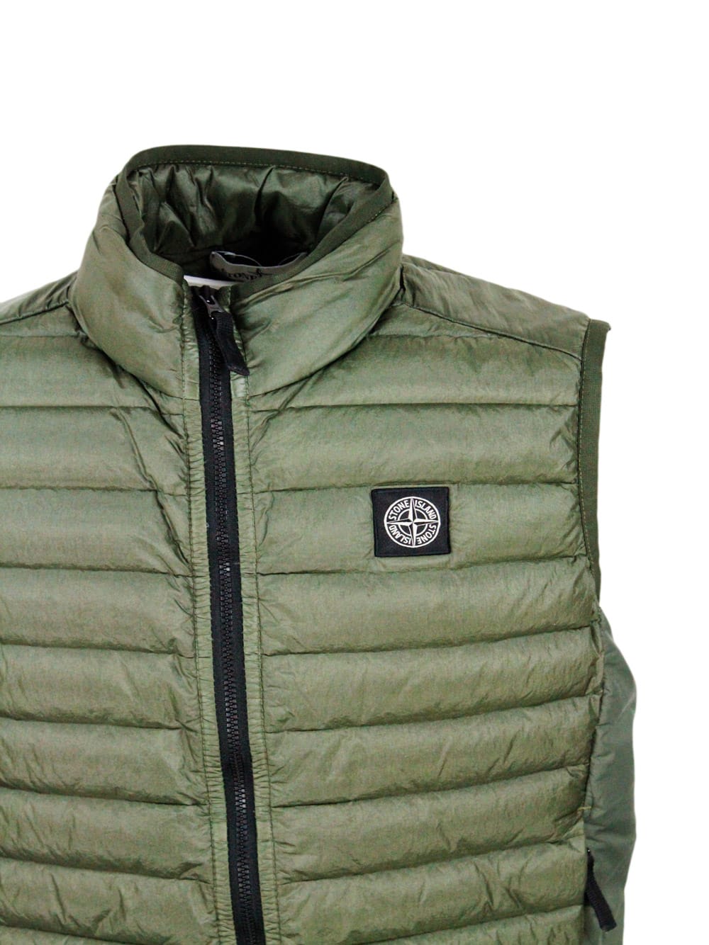 Stone Island 100 Gram Padded Sleeveless Down Vest Made Of Recycled Crisp Nylon. Zip Closure And Logo On The Chest In Green