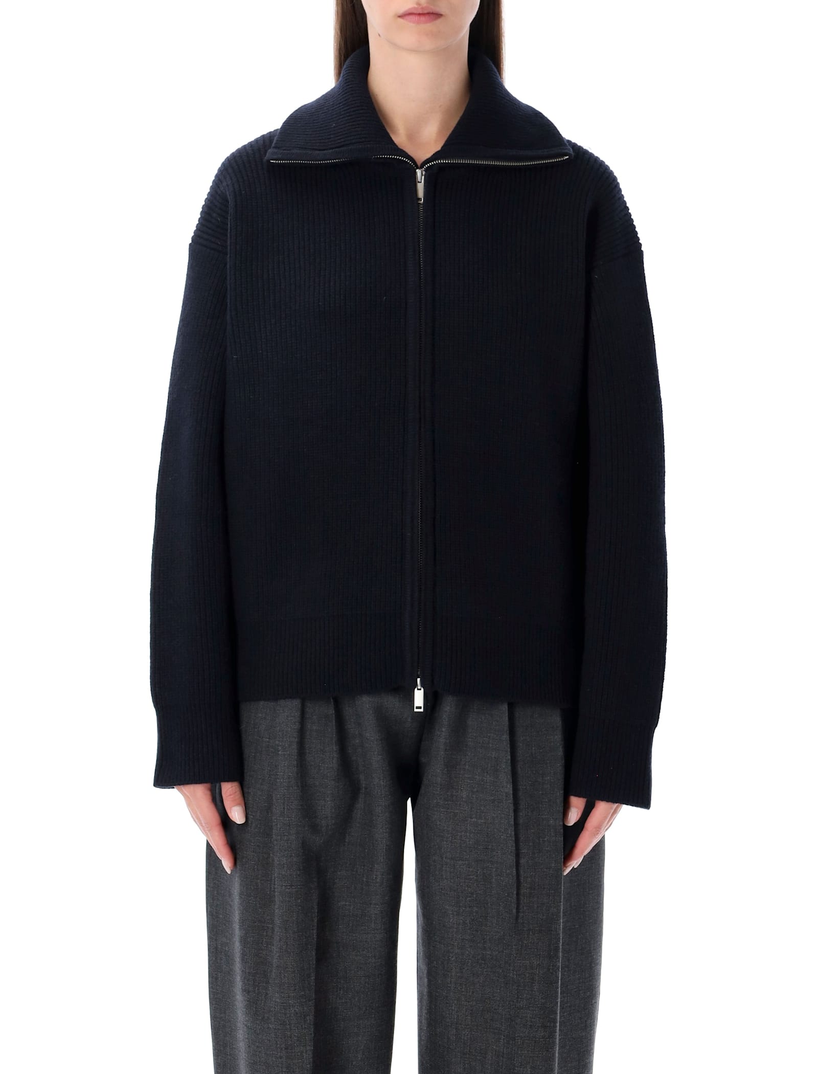 Studio Nicholson Sandos Navy Merino Wool Zipped Cardigan In Black