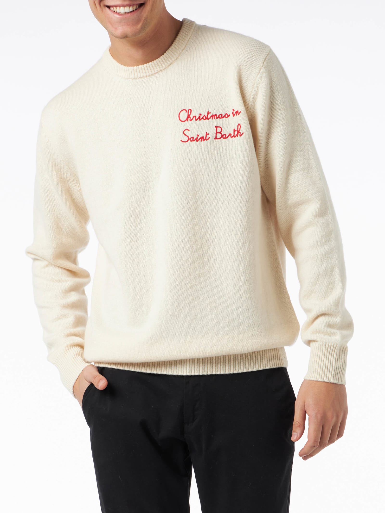 Shop Mc2 Saint Barth Man Crewneck Sweater With Christmas In Saint Barth Embroidery In White