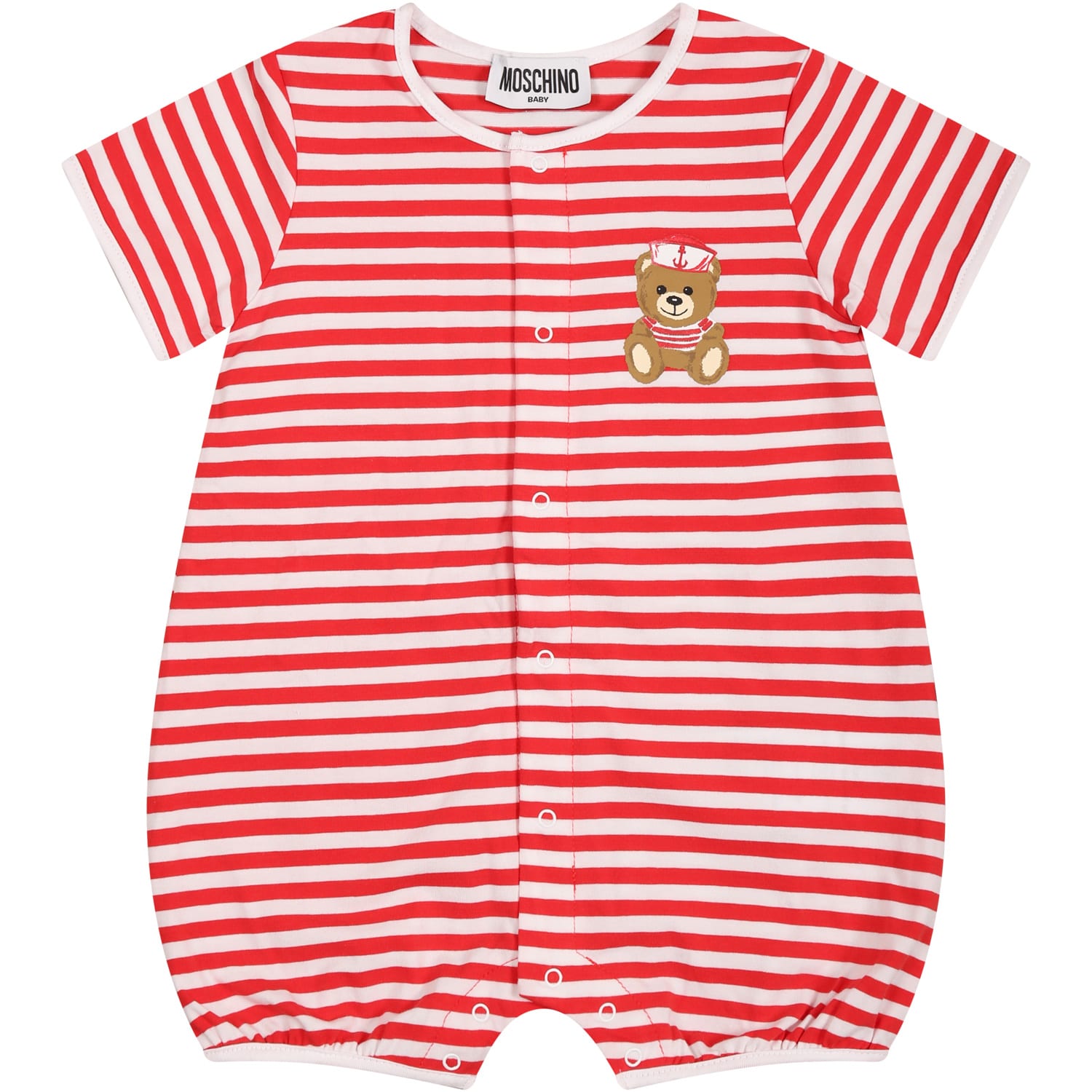 Moschino Multicolor Romper For Baby Boy With Teddy Bear And Logo In Red