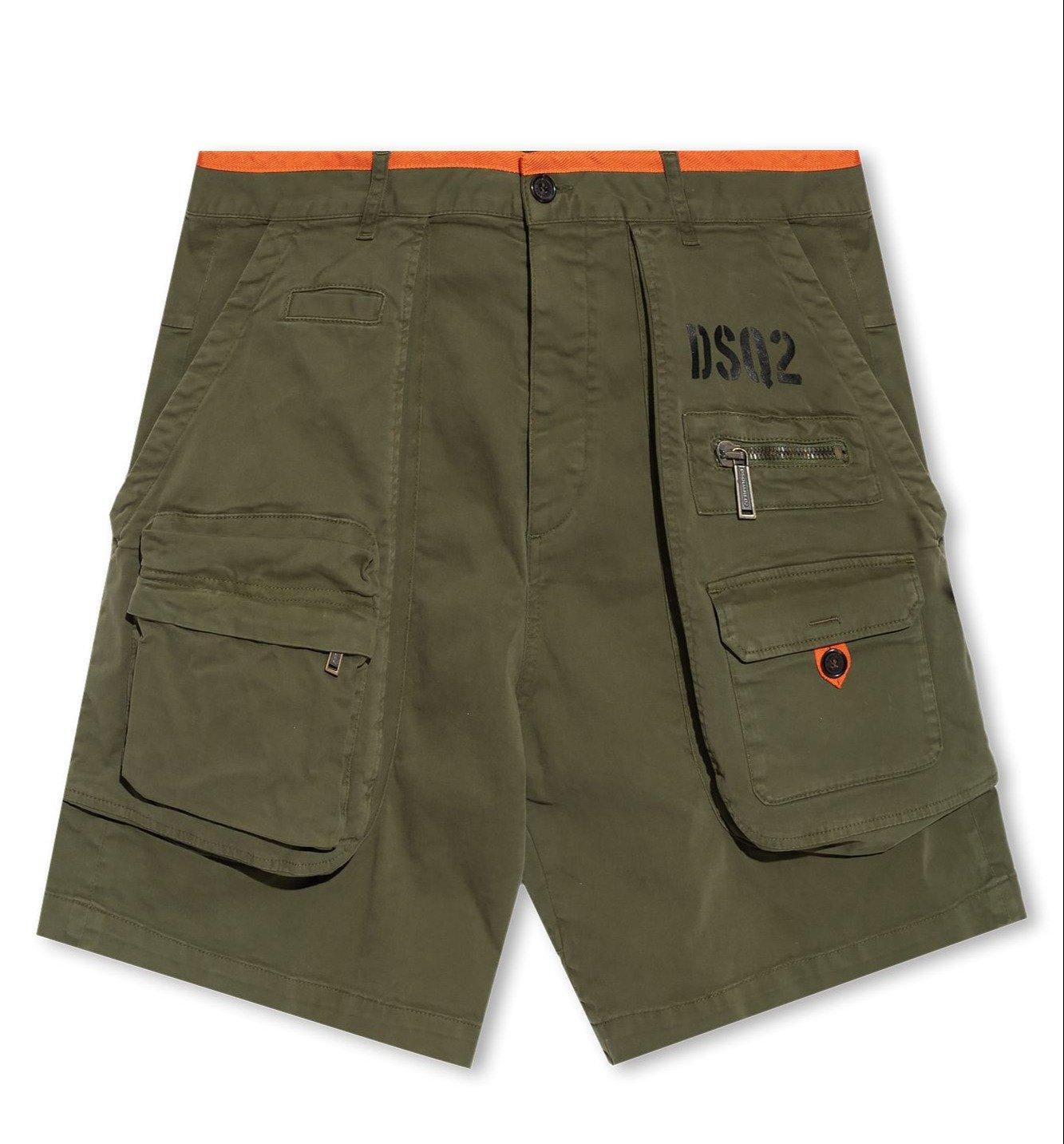 Shop Dsquared2 Logo Printed Cargo Shorts In Olive Green