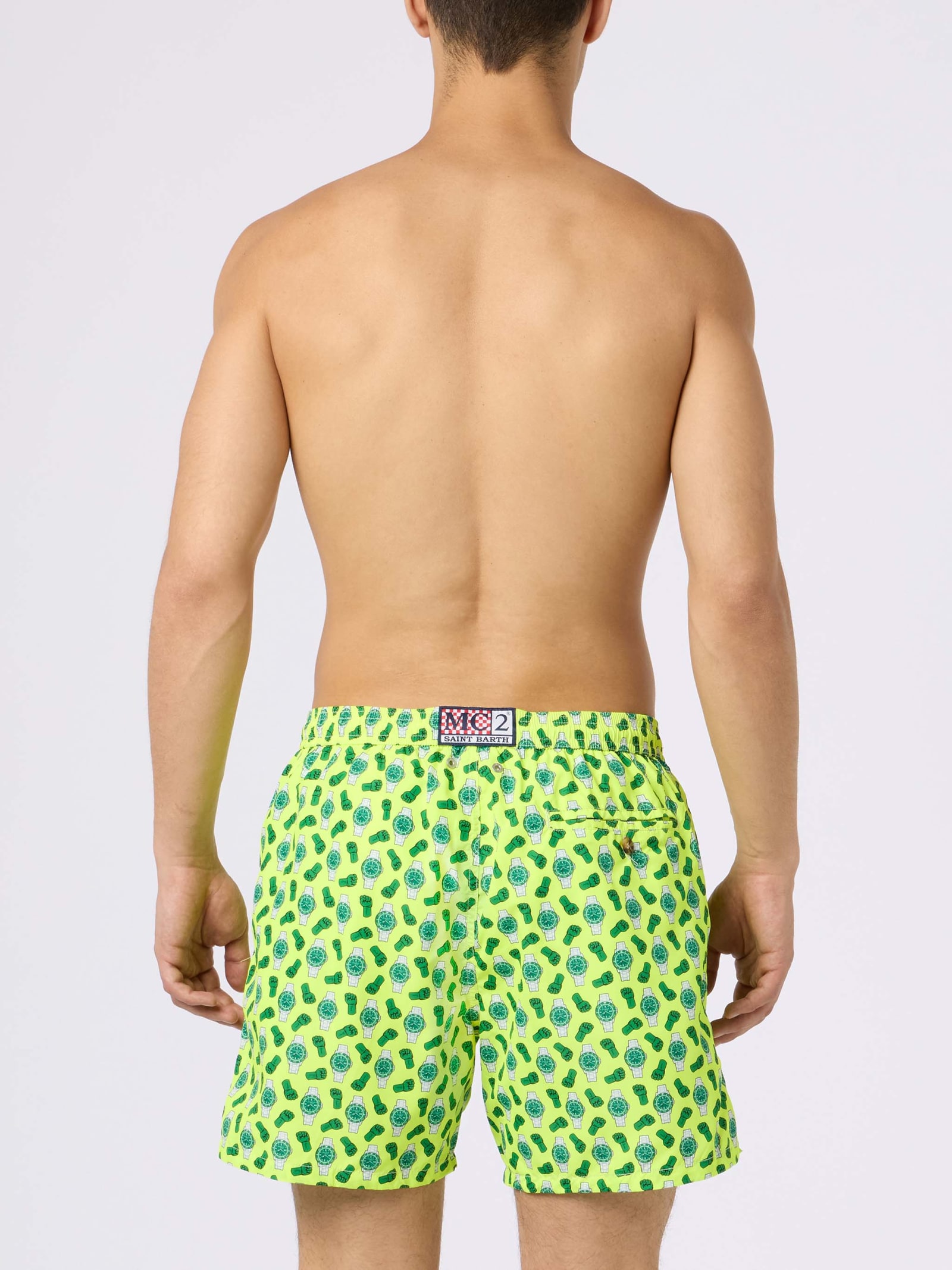 Shop Mc2 Saint Barth Man Lightweight Fabric Swim-shorts Lighting Micro Fantasy With Watches Print In Yellow