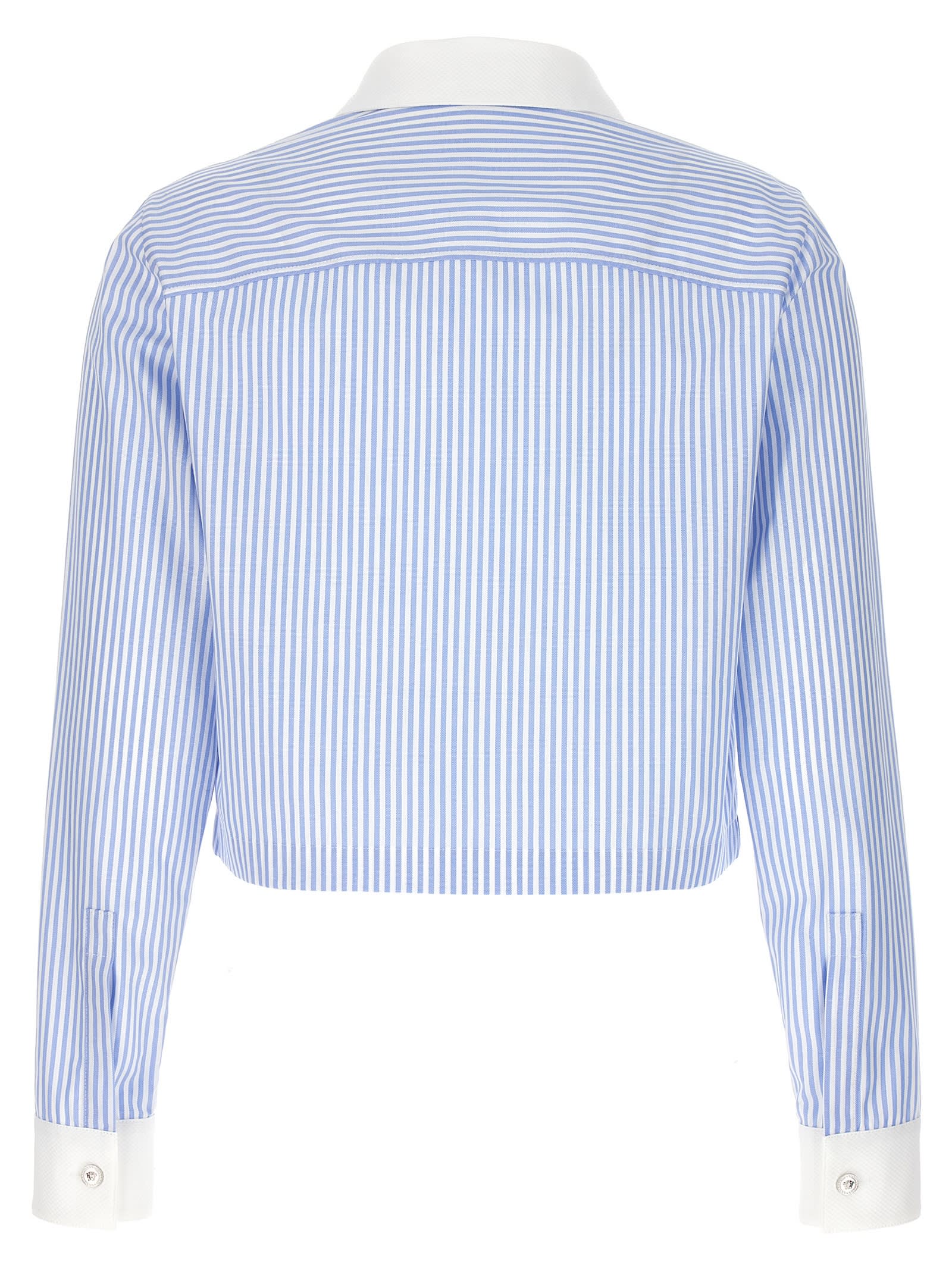 Shop Versace Striped Cropped Shirt In Light Blue