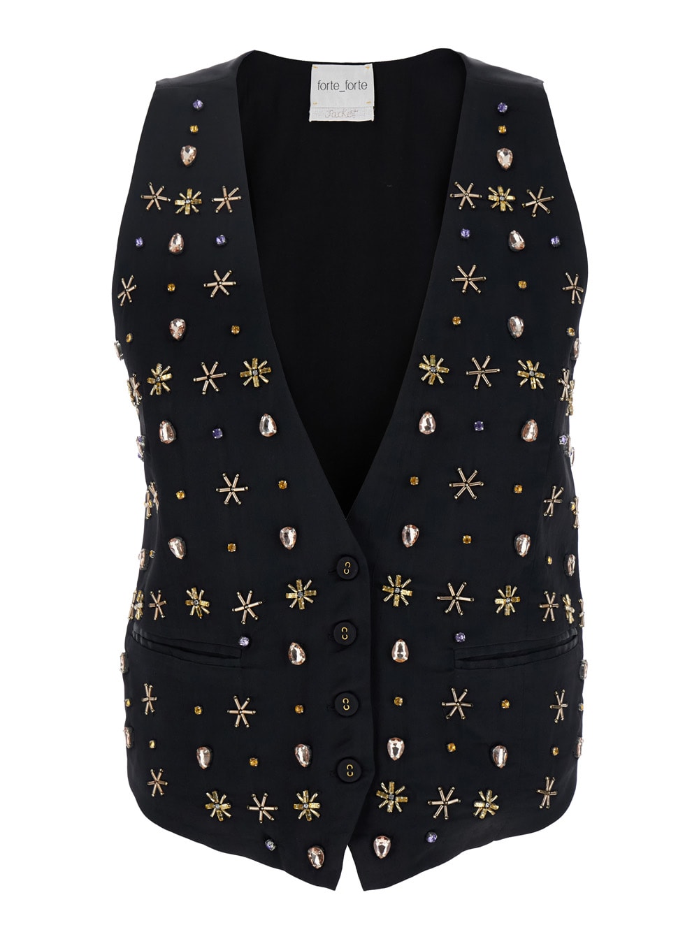 Forte_Forte the Stars Of Bali Black Sleeveless Vest With Beaded Embellishments On The Front In Viscose Woman