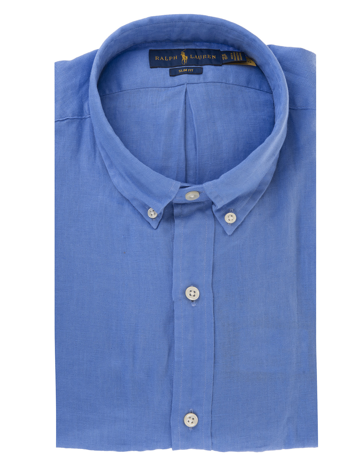 Ralph Lauren Man Blue And Yellow Slim Fit Shirt In Linen