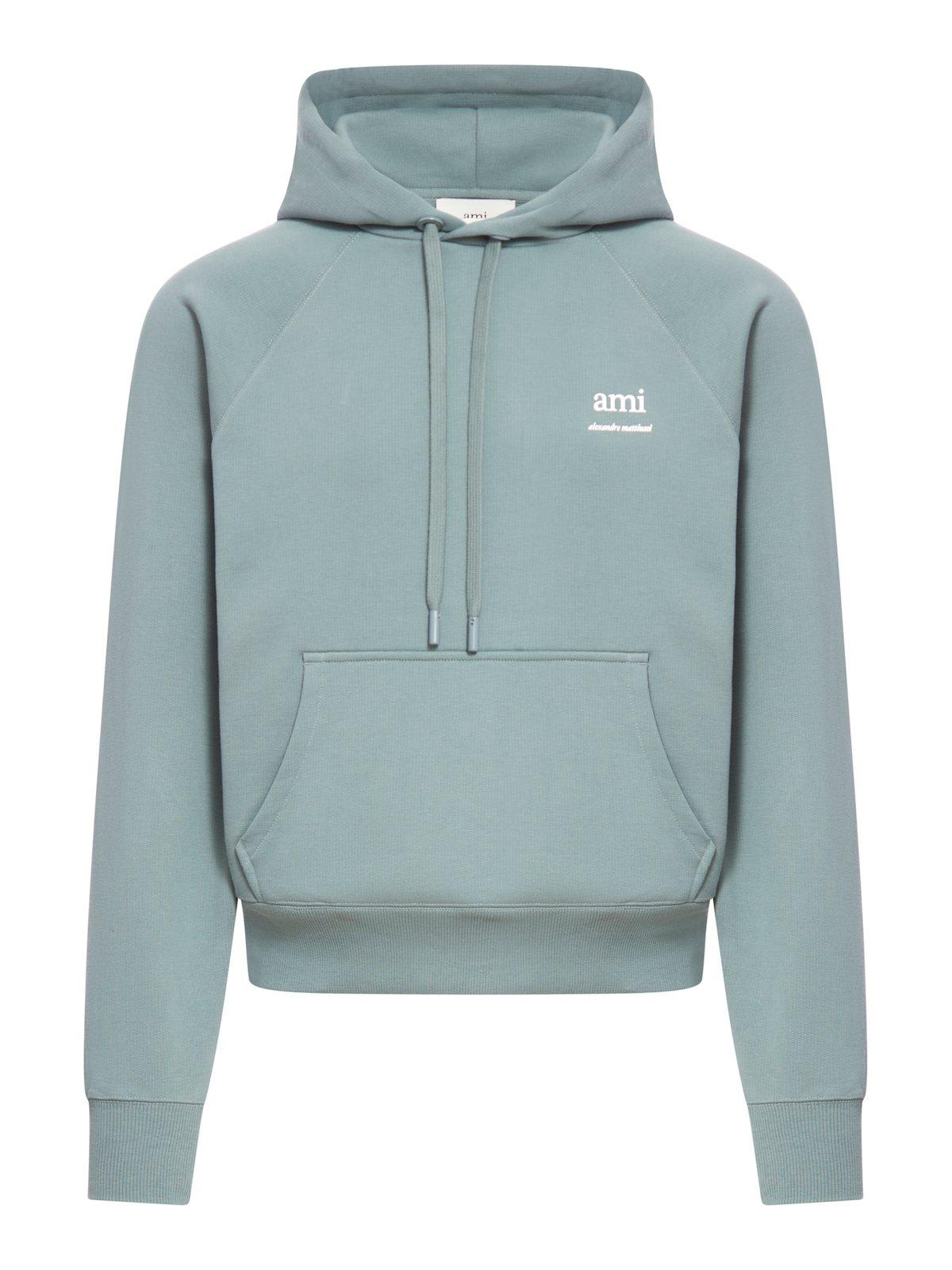 Shop Ami Alexandre Mattiussi Paris Ami De Coeur Logo-printed Drawstring Hoodie In Green