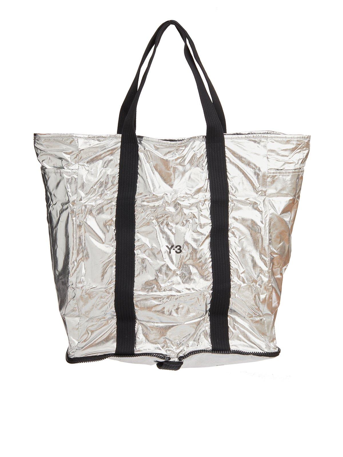 Shop Y-3 Logo Printed Zip-around Packable Tote Bag In Silver