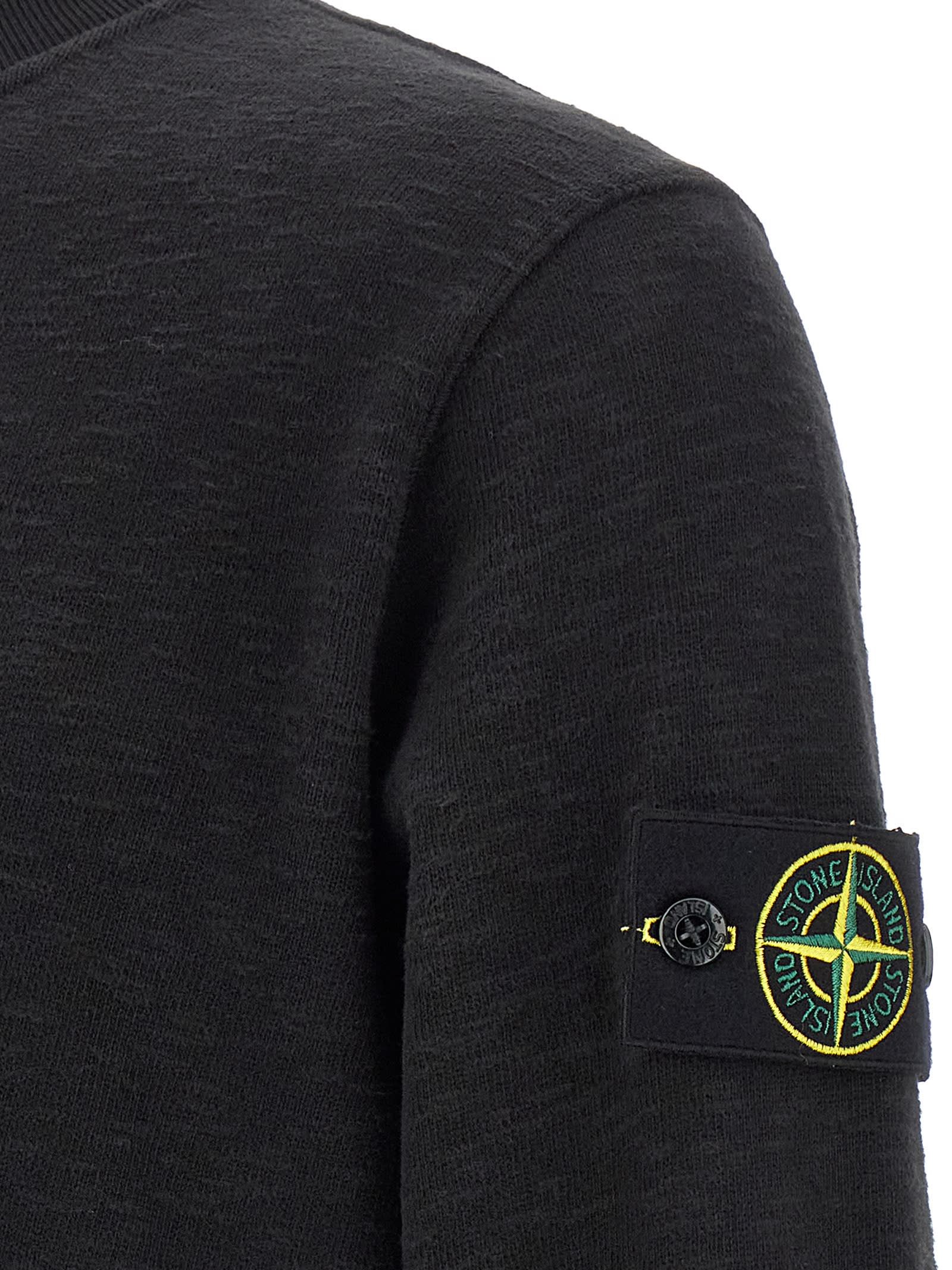 Stone Island Organic Cotton Crew Neck Sweater With English Ribs Knitwear Blue In Black