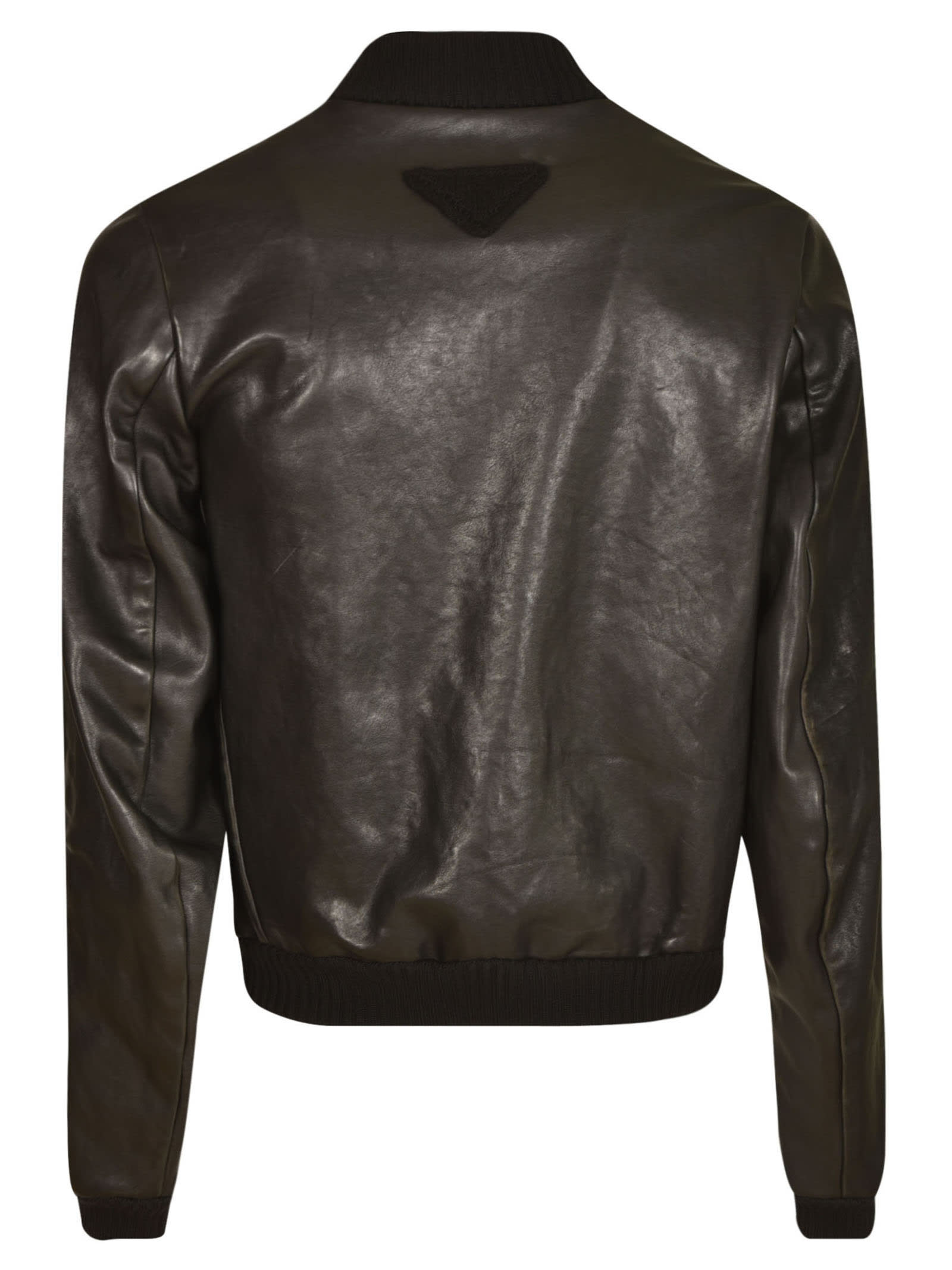 Shop Prada Logo Patch Rib Trim Zipped Leather Jacket In Black