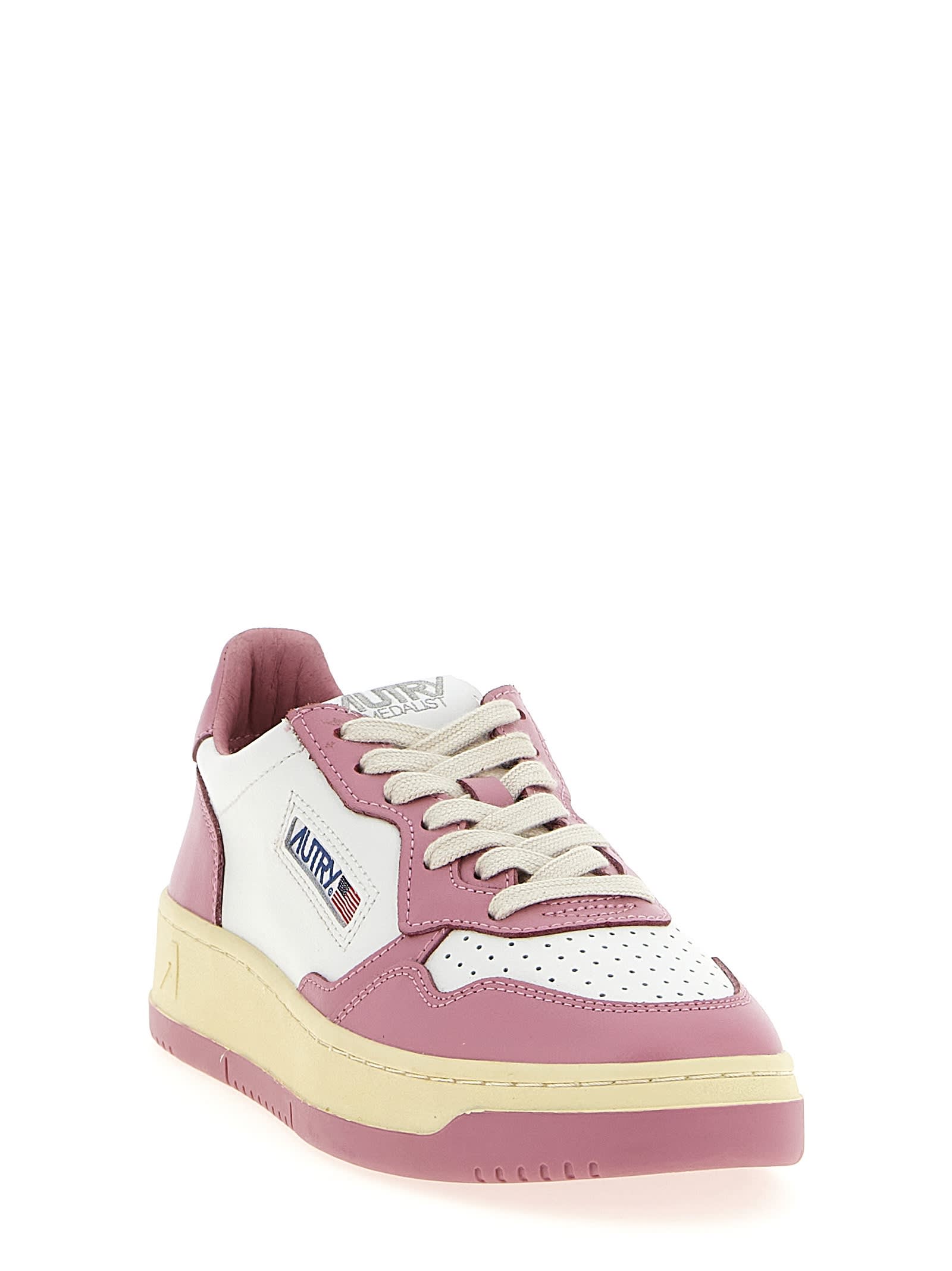 Autry Medalist Low Sneakers Bicolor In White And Polignac Leather Shoes In Pink