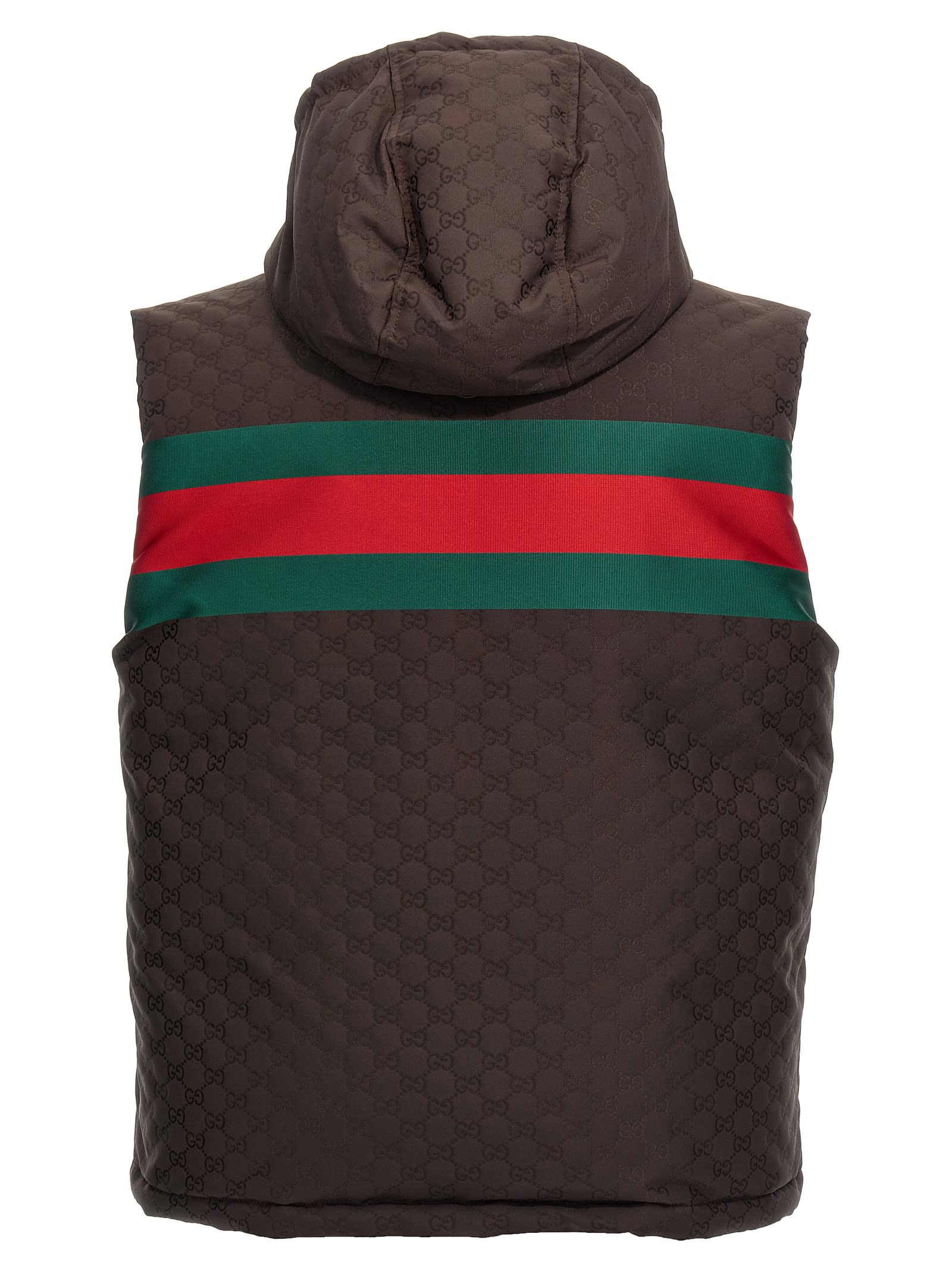 Gucci Dark Brown Gg Polyester Blend Sleeveless Down Jacket In Browngreenred