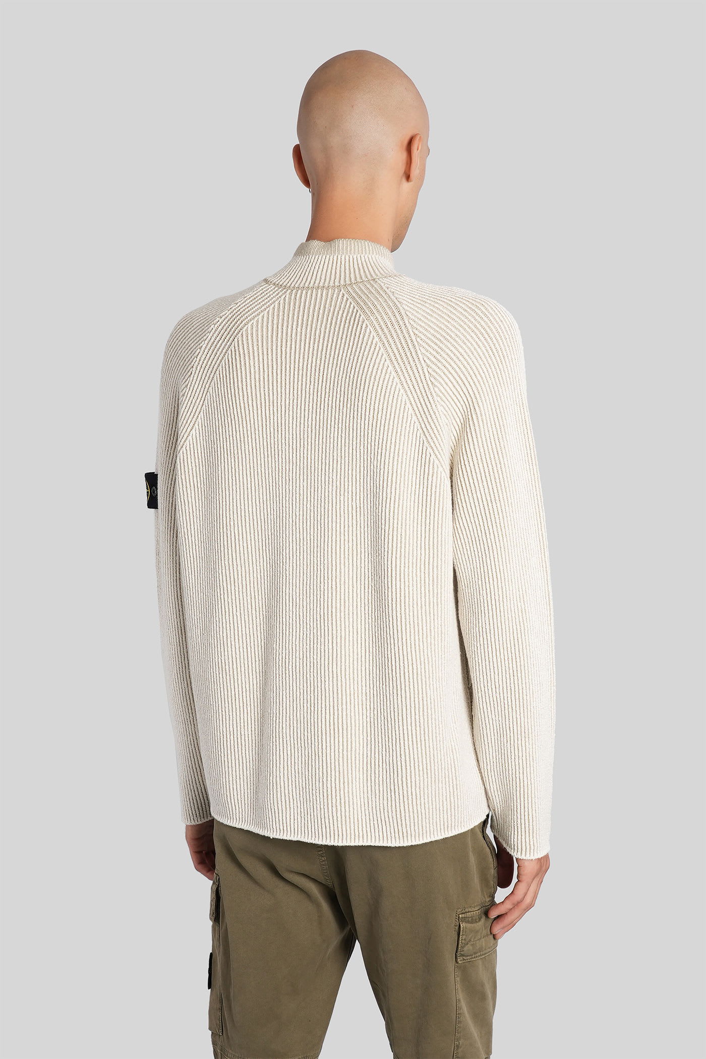 Stone Island White Sweater With Logo Patch On The Sleeve And Front Half Zip Closure In Wool Stretch Man In Neutral