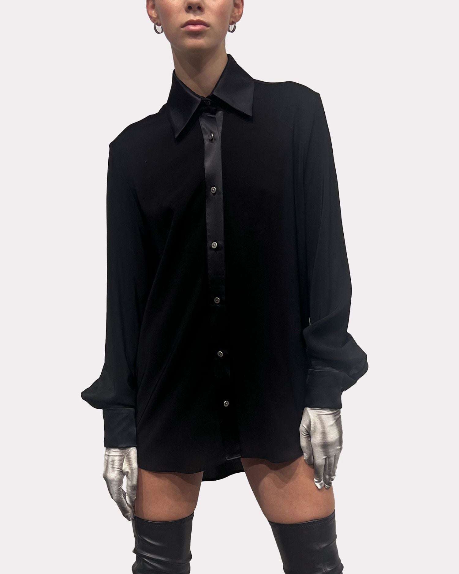Shop John Richmond Shirt With Contrasting Fabrics And Wide Long Sleeves. Frontalt Fastener By Buttons. In Nero