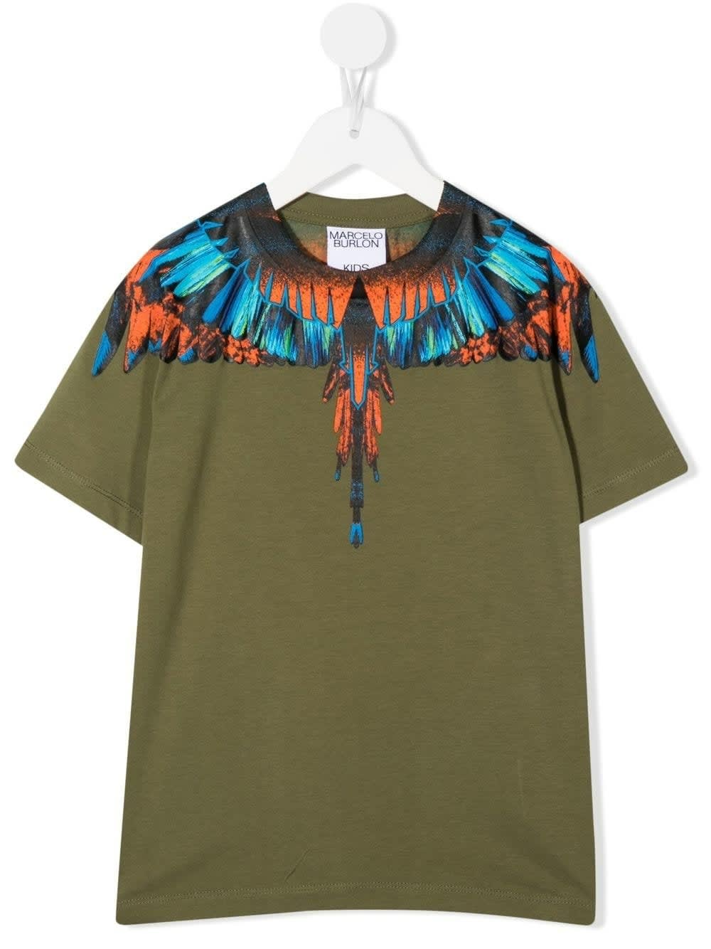 Marcelo Burlon Kids Military Green T-shirt With Orange And Blue Wings