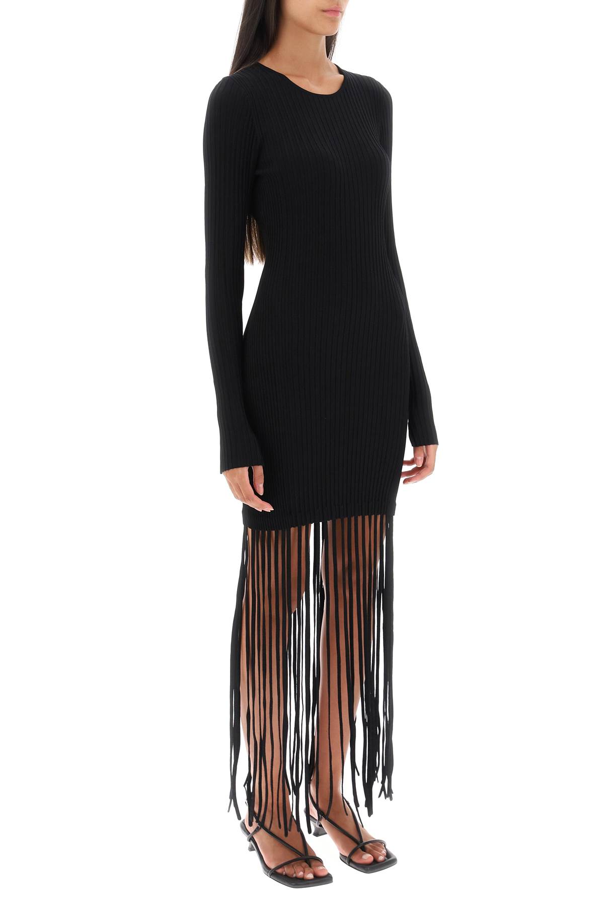 Shop Ganni Ribbed-knit Dress With Fringes In Black
