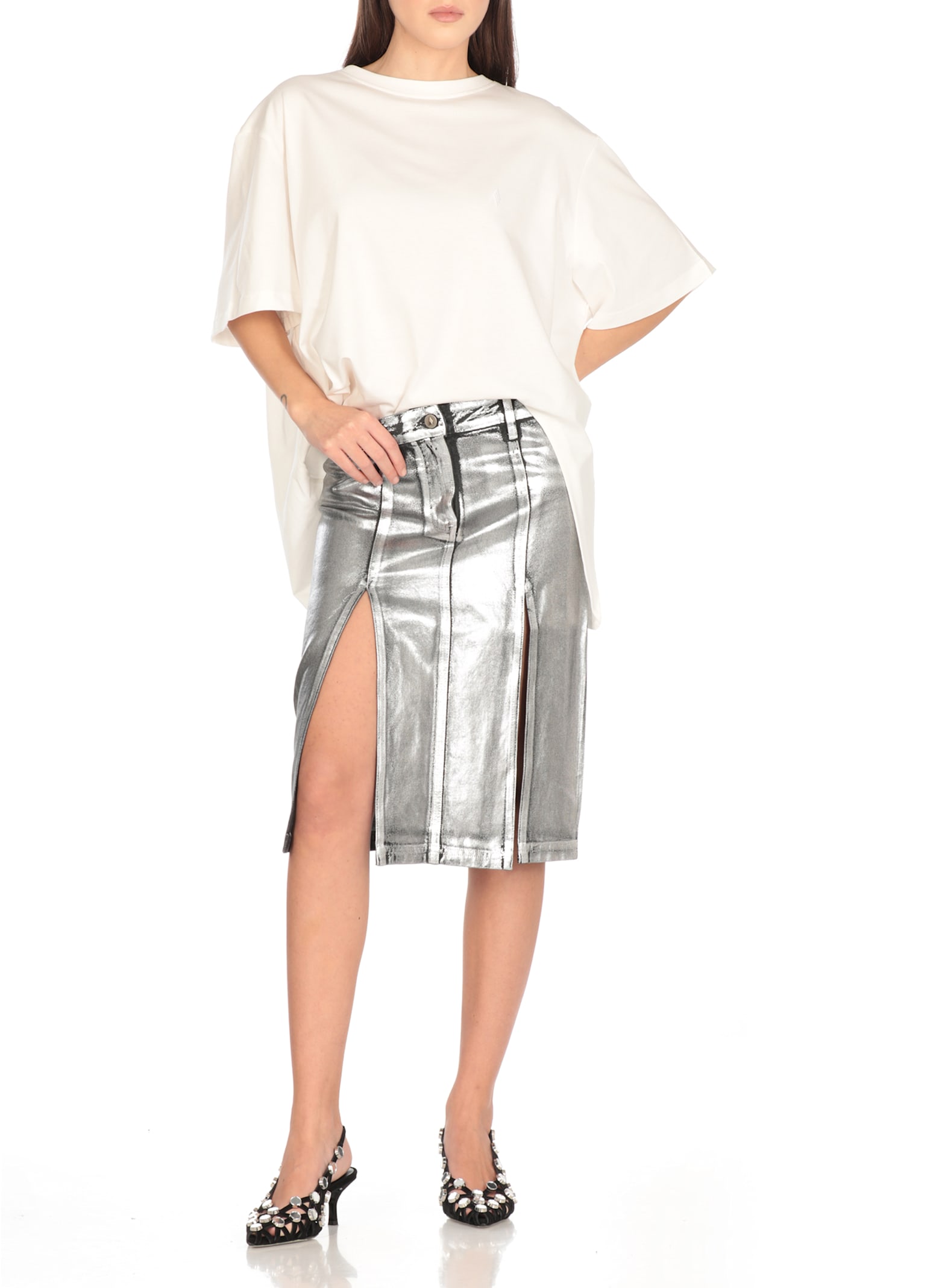 Attico Cotton Midi Skirt In Silver