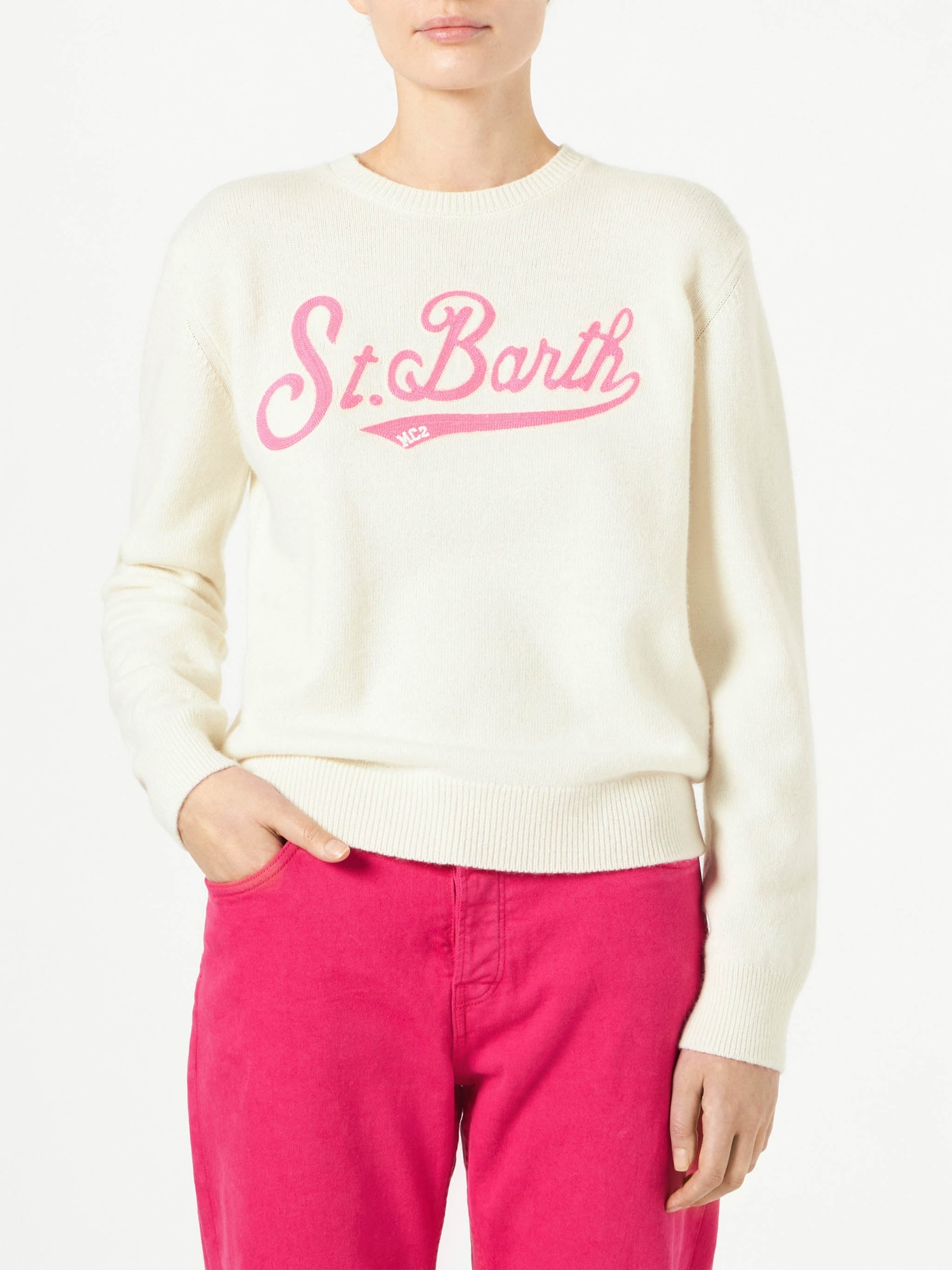 Shop Mc2 Saint Barth Woman Sweater With Saint Barth Terry Logo In White