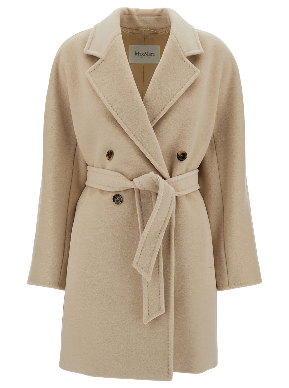 Shop Max Mara Beige Double-breasted Coat With Matching Belt In Wool And Cashmere Woman