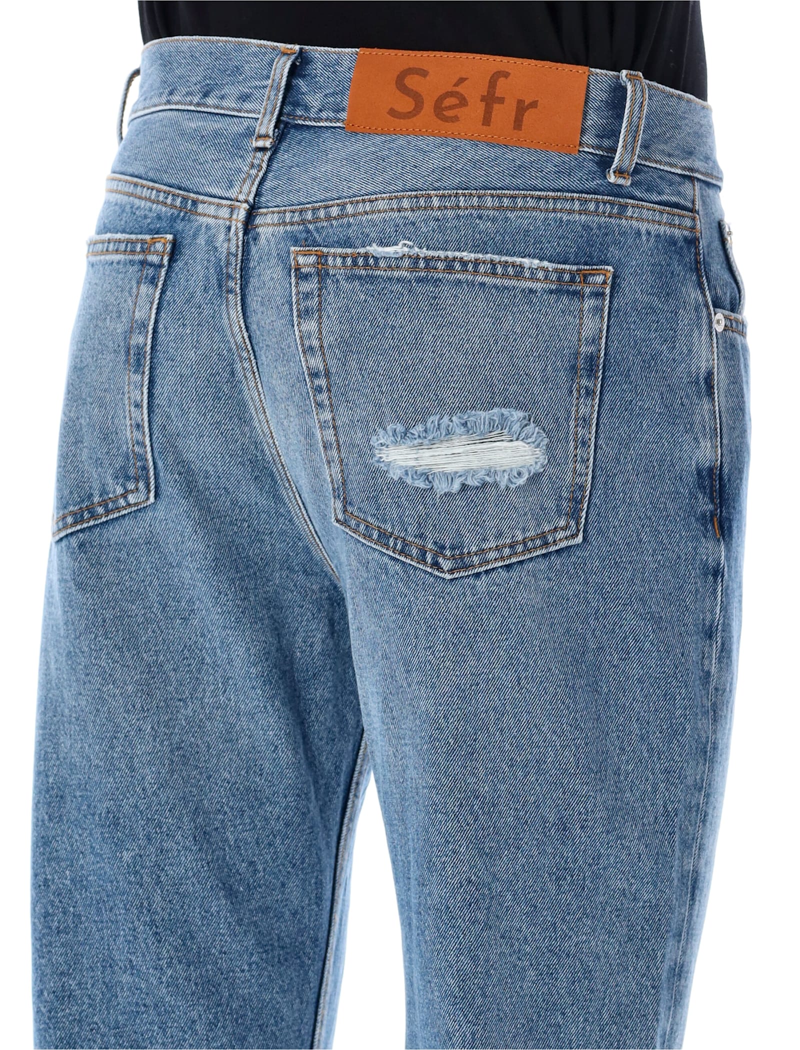 Shop Séfr Rider Cut Jeans In Trashed Mid Blue