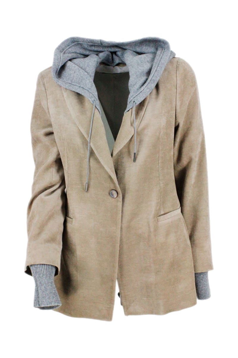 Fabiana Filippi Single-breasted Corduroy Jacket With Detachable Wool Hood In Contrasting Color