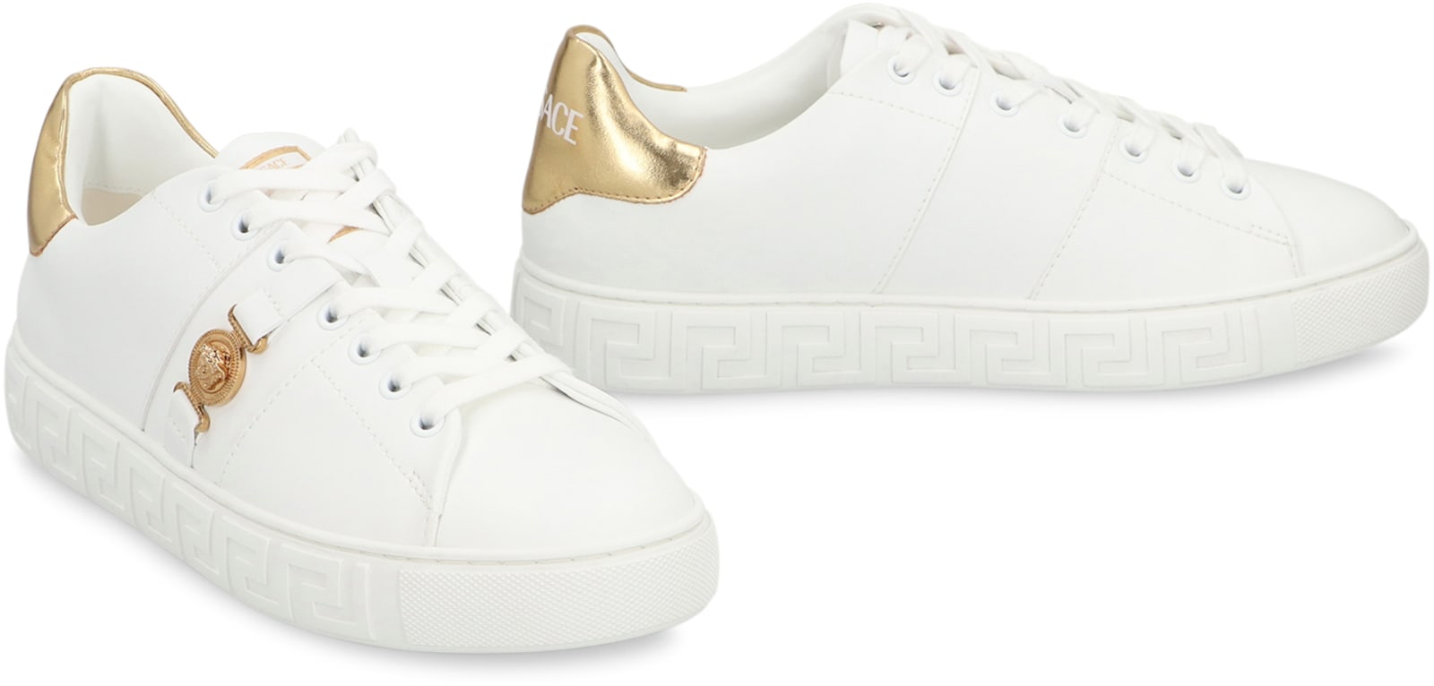 Versace Flat Sole Low-top Sneakers With Greek Key In White