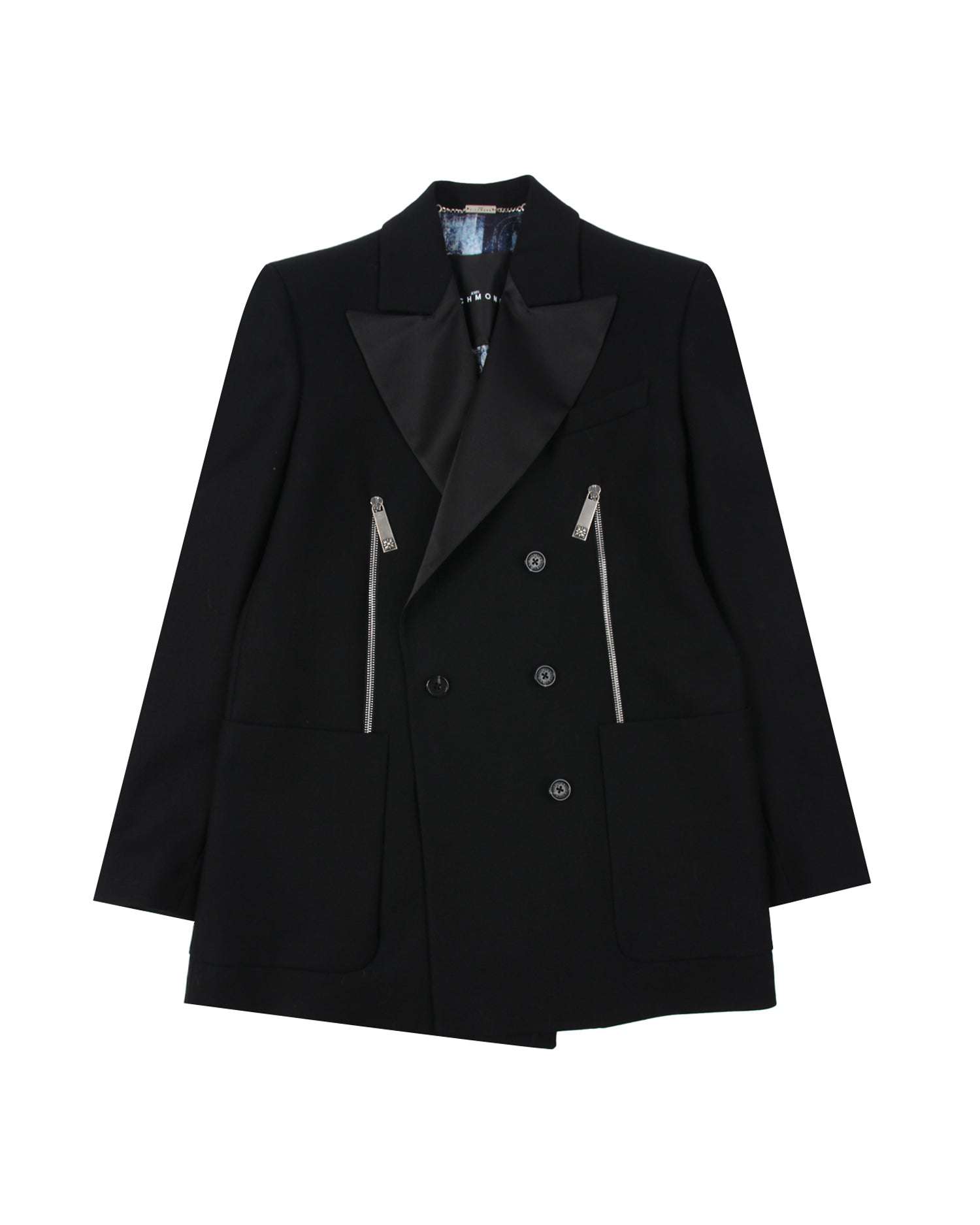 John Richmond Double-breasted Blazer In 100% Virgin Wool With Contrasting Collar And Side Zips. In Nero