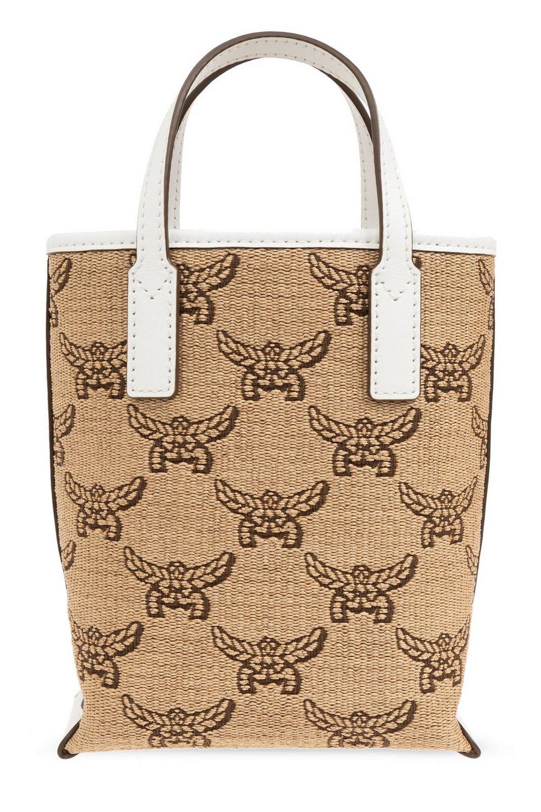 Mcm Monogrammed Logo Embroidered Tote Bag In Neutrals