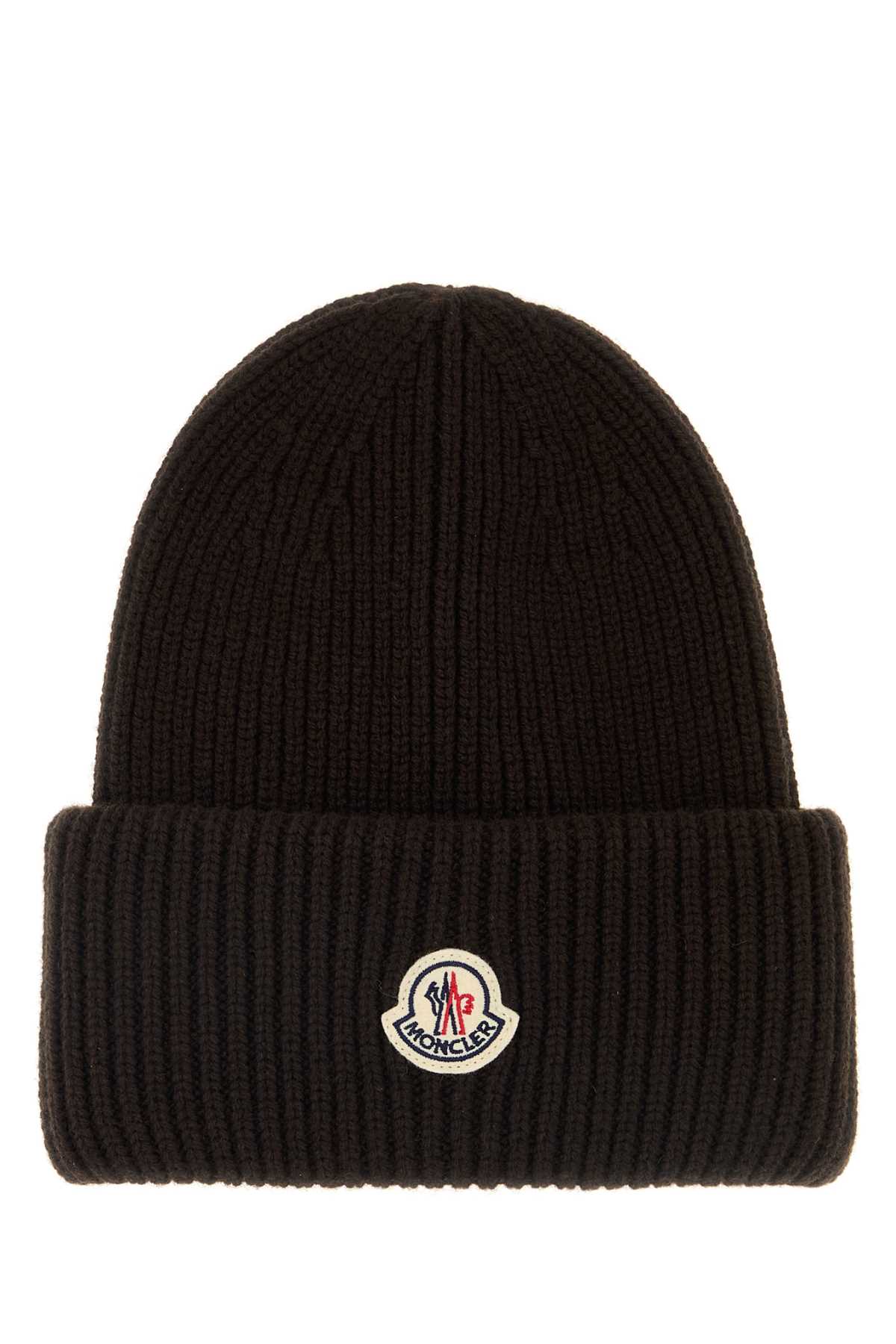 Moncler Dark Brown Textured Logo Beanie Hat In Brown